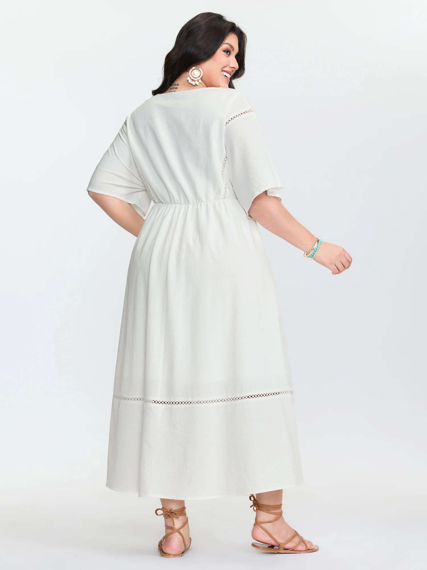 Cotton Lace Trim V-Neck Pockets Maxi Dress - Image 4