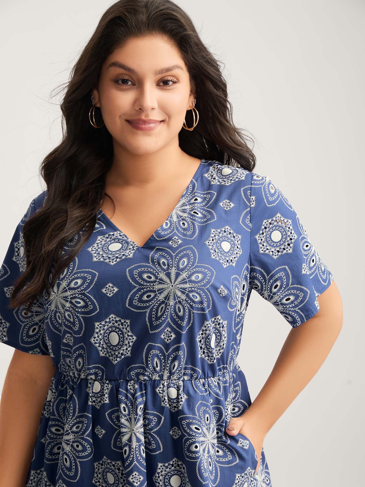 Cotton Large Floral Print Textured Pockets Midi Dress - Image 2