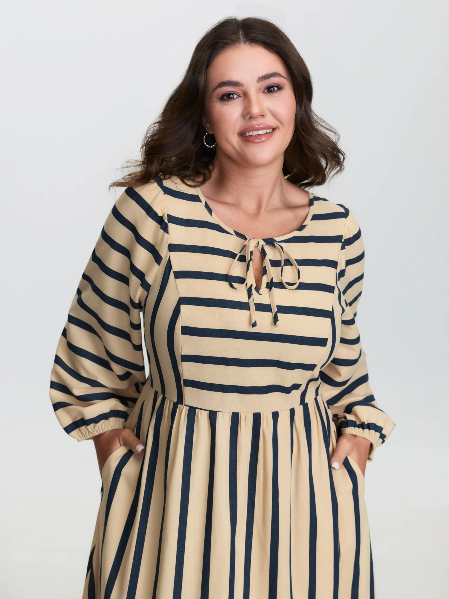 Cotton Linen Asymmetrical Striped Neckline Tie Midi Dress - Image 2
