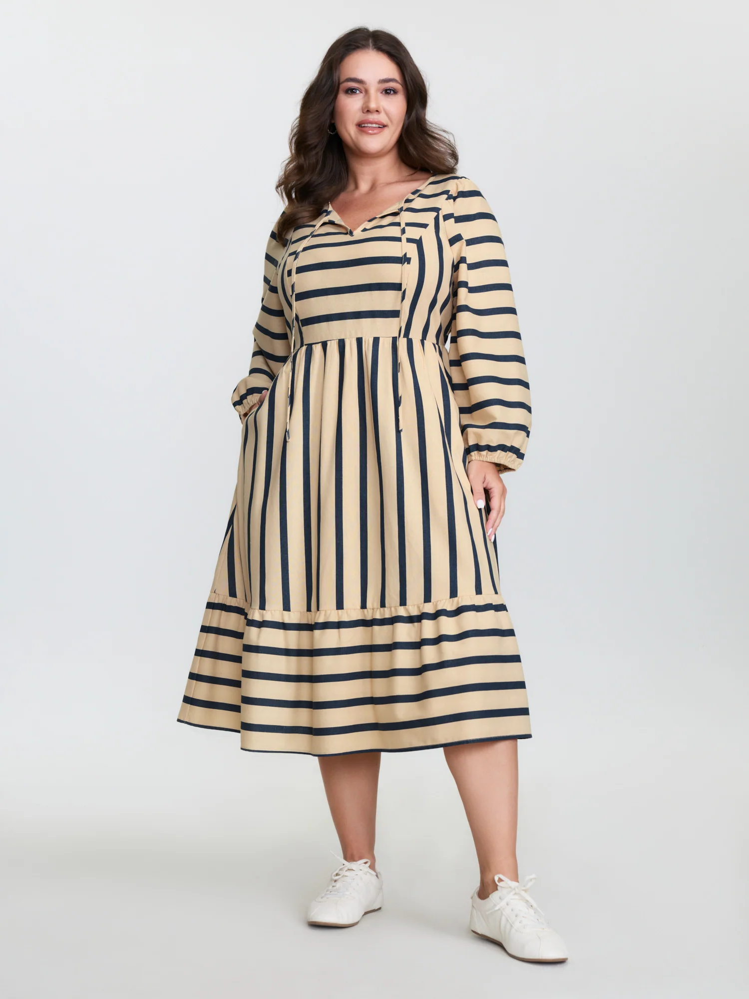 Cotton Linen Asymmetrical Striped Neckline Tie Midi Dress - Image 3