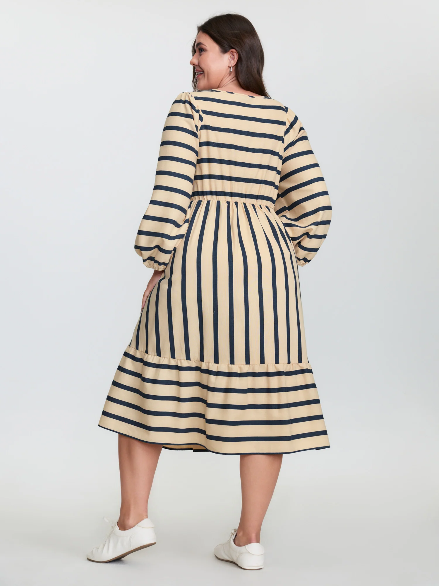 Cotton Linen Asymmetrical Striped Neckline Tie Midi Dress - Image 4