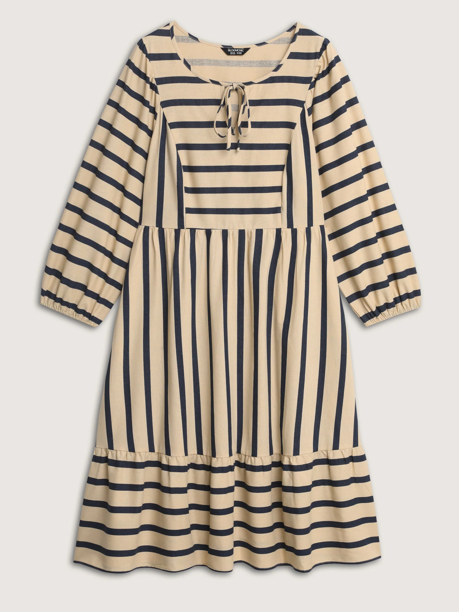 Cotton Linen Asymmetrical Striped Neckline Tie Midi Dress - Image 7