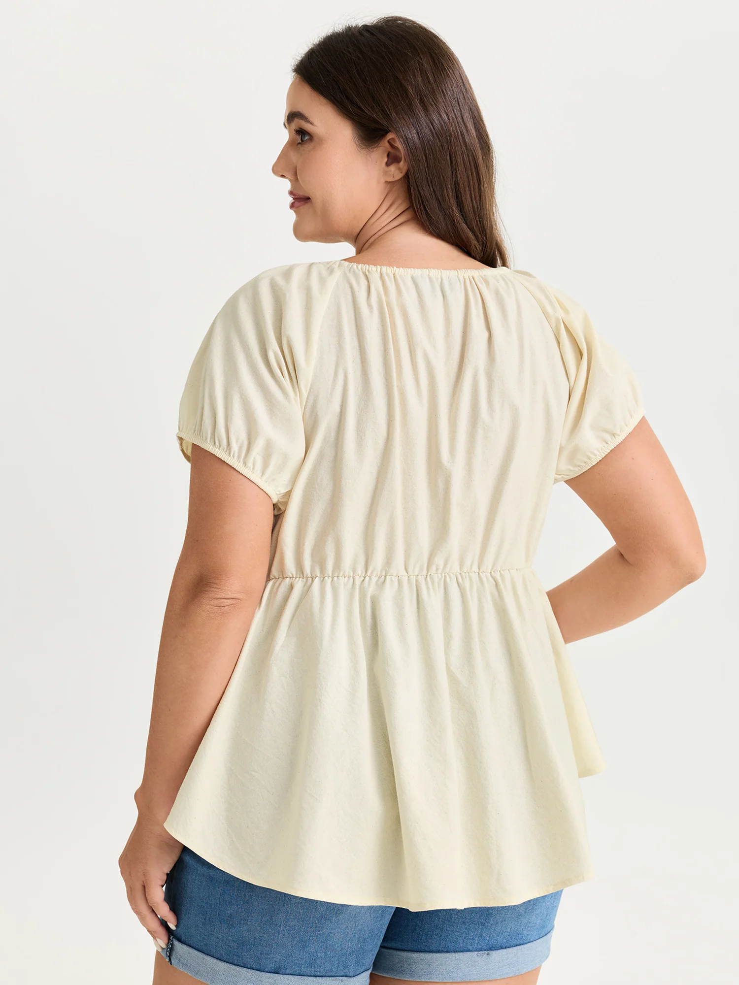 Cotton Linen Blend Drawstring Neckline Blouse - Image 4
