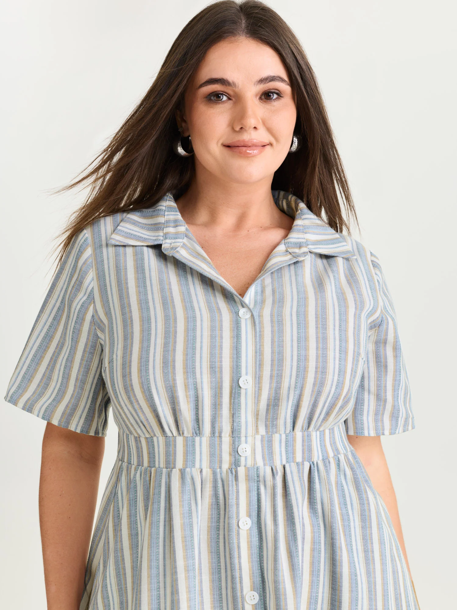 Cotton Linen Blend Striped Print Midi Dress - Image 2