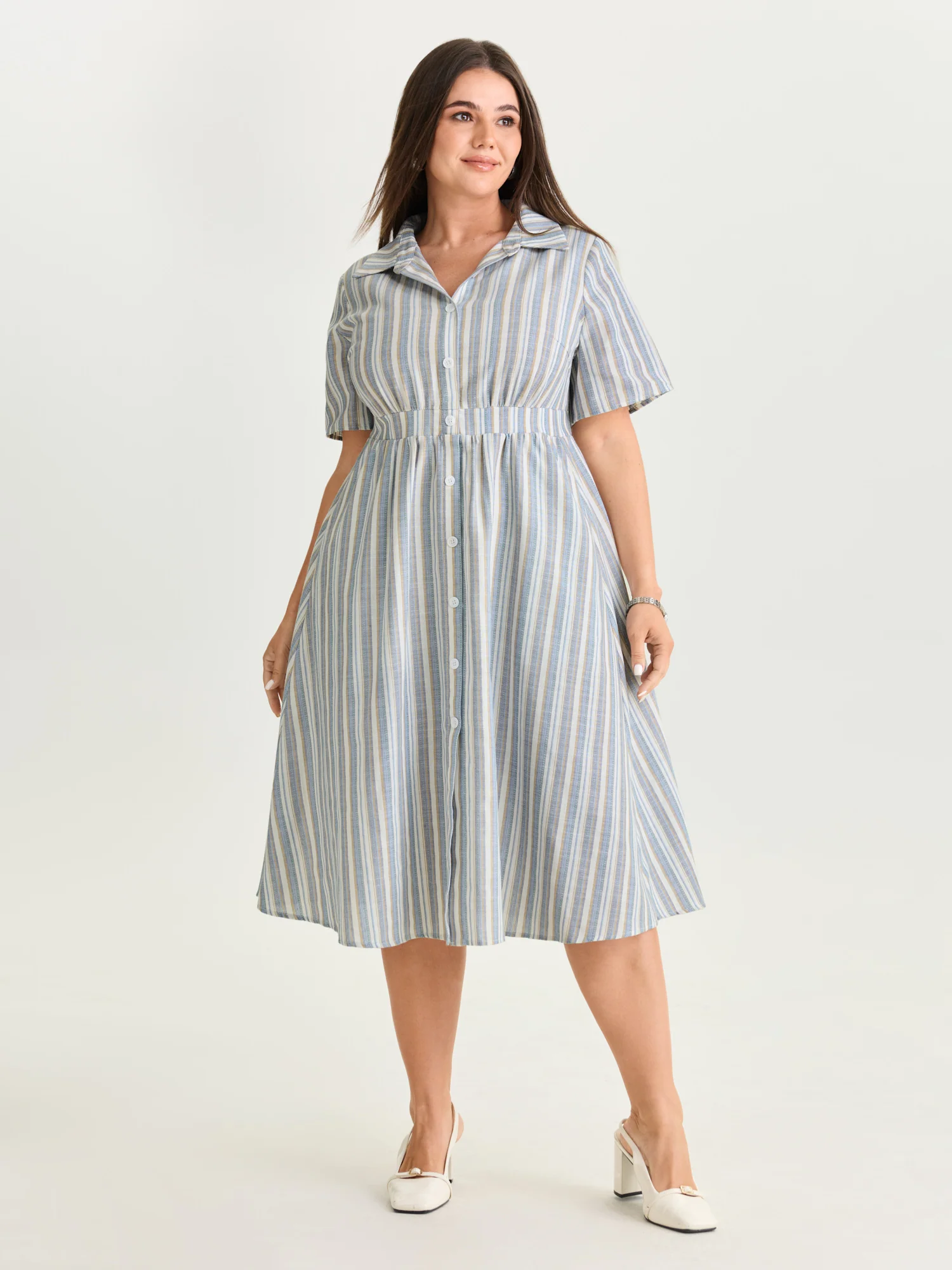 Cotton Linen Blend Striped Print Midi Dress - Image 3