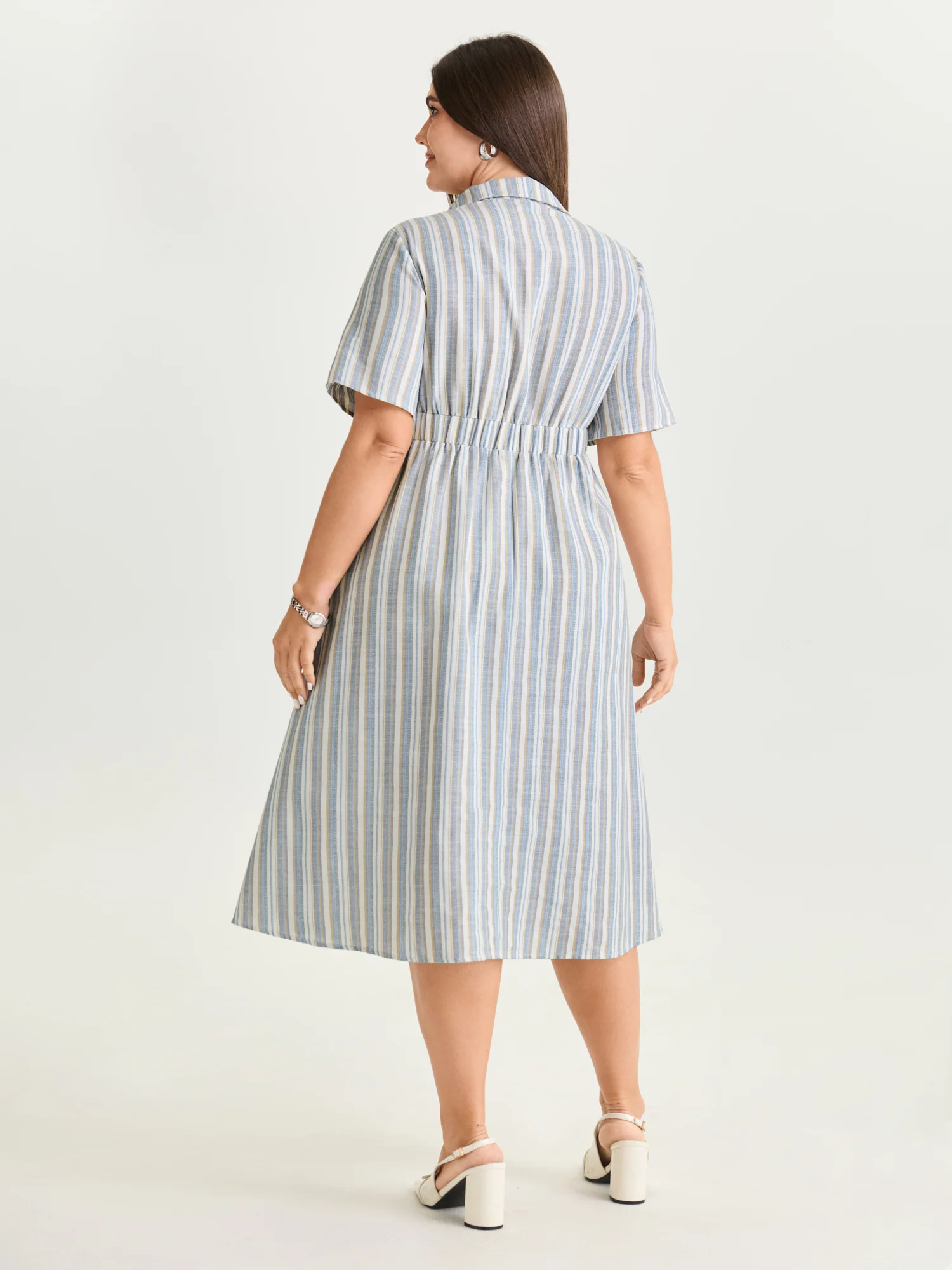 Cotton Linen Blend Striped Print Midi Dress - Image 4