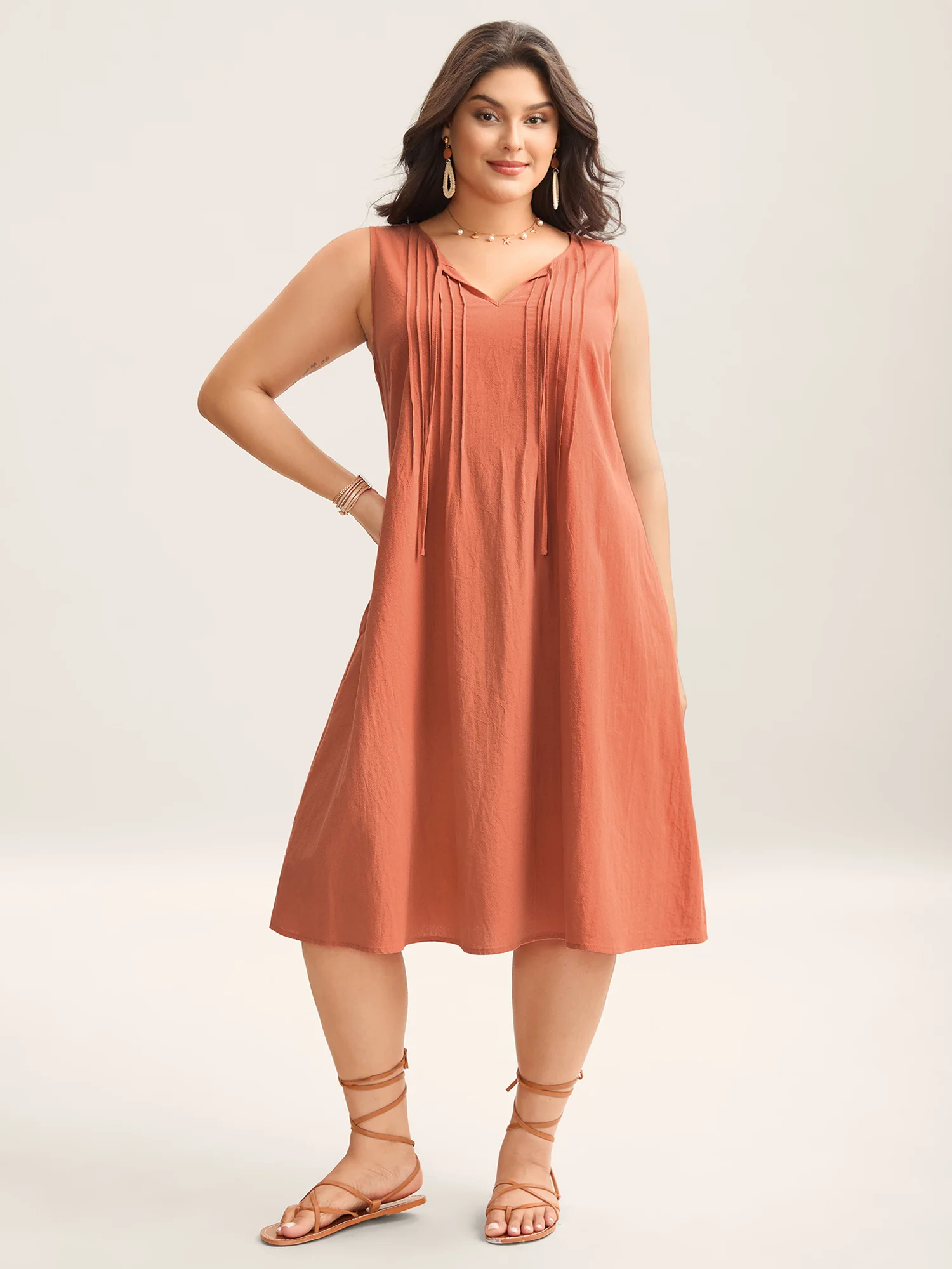 Cotton Toothpick Pleat Plain Midi Dress - Image 11