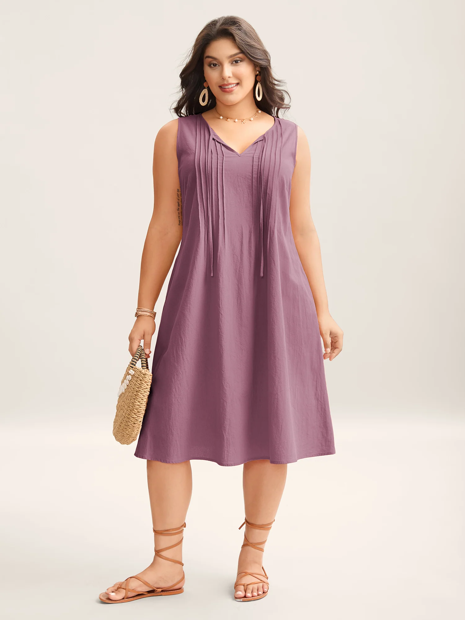 Cotton Toothpick Pleat Plain Midi Dress - Image 16