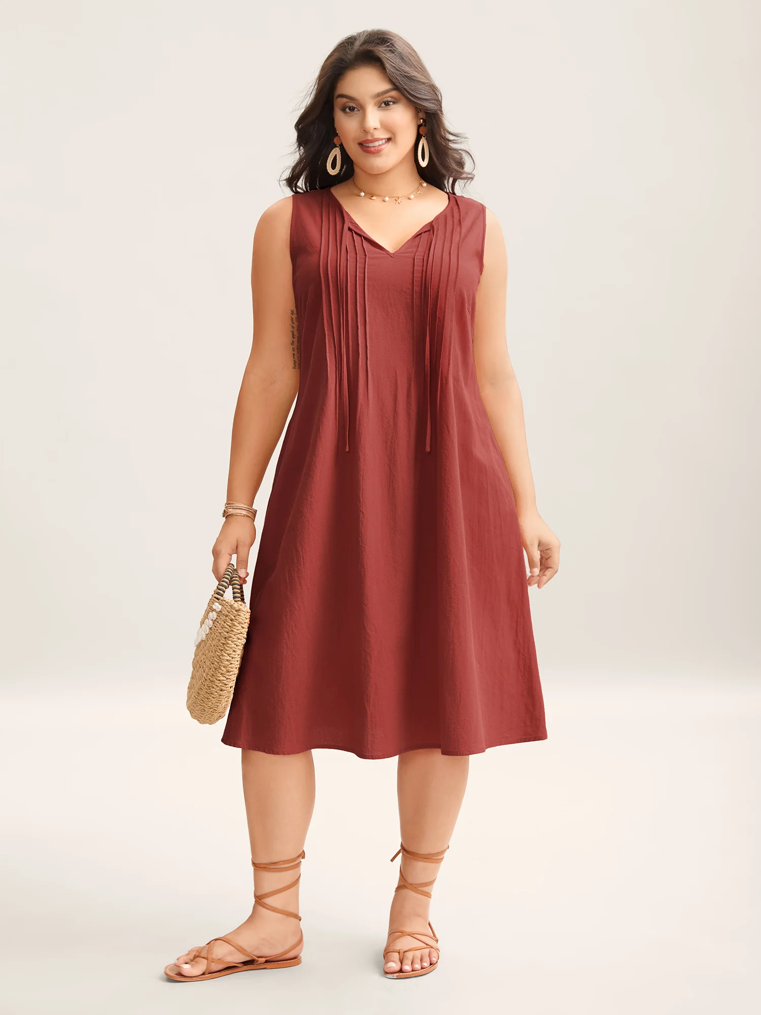Cotton Toothpick Pleat Plain Midi Dress - Image 20