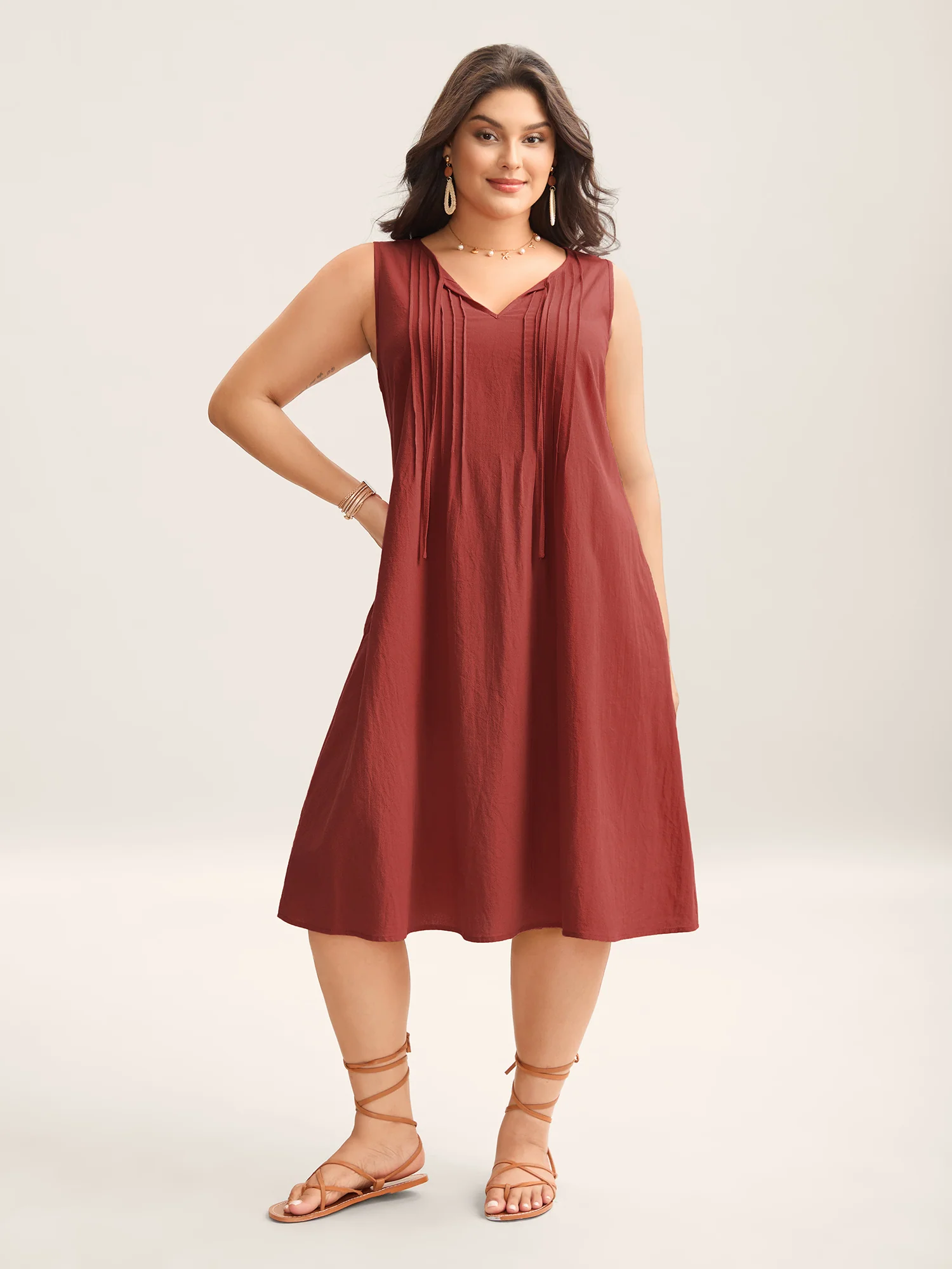 Cotton Toothpick Pleat Plain Midi Dress - Image 22