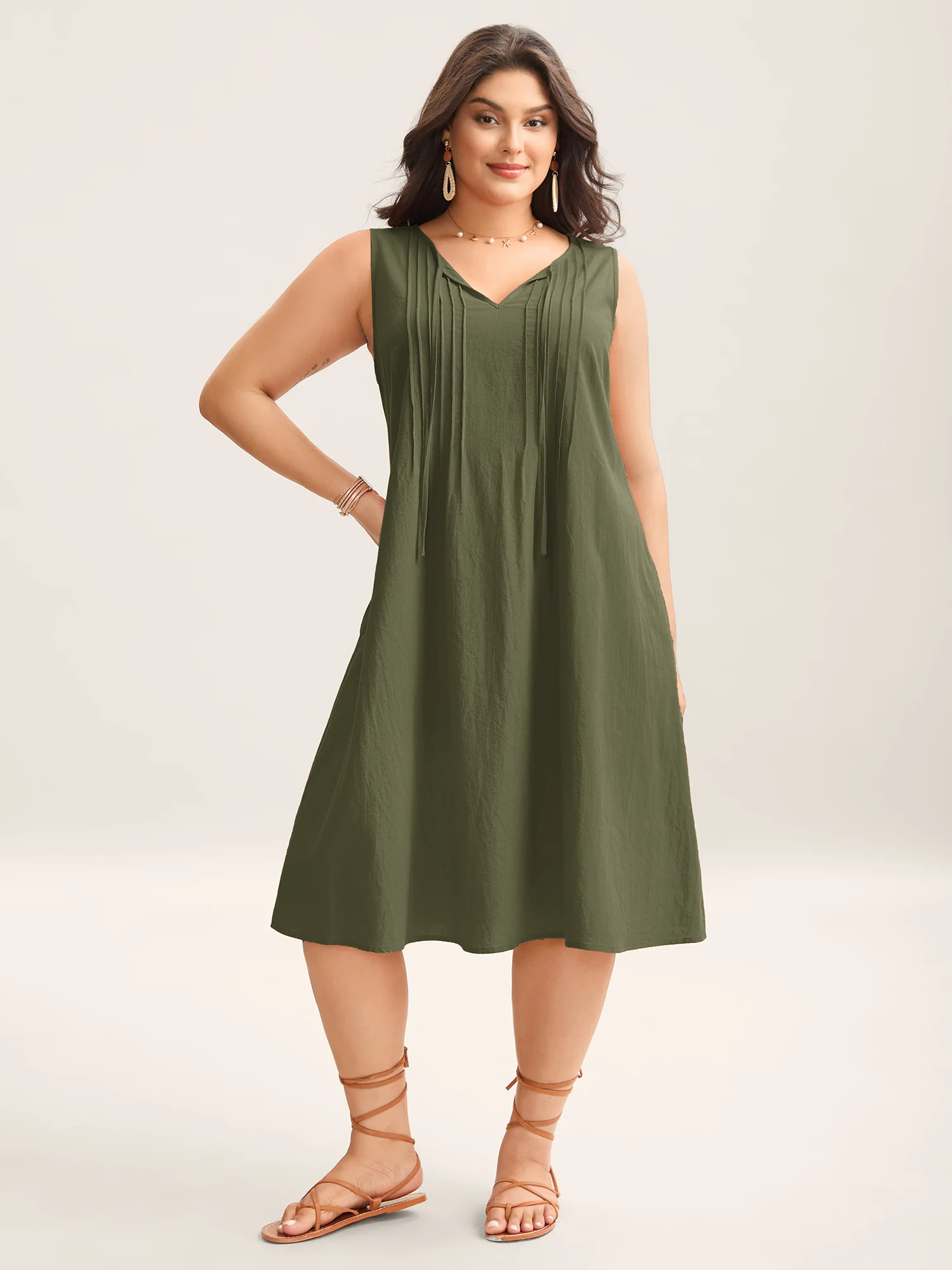 Cotton Toothpick Pleat Plain Midi Dress - Image 26