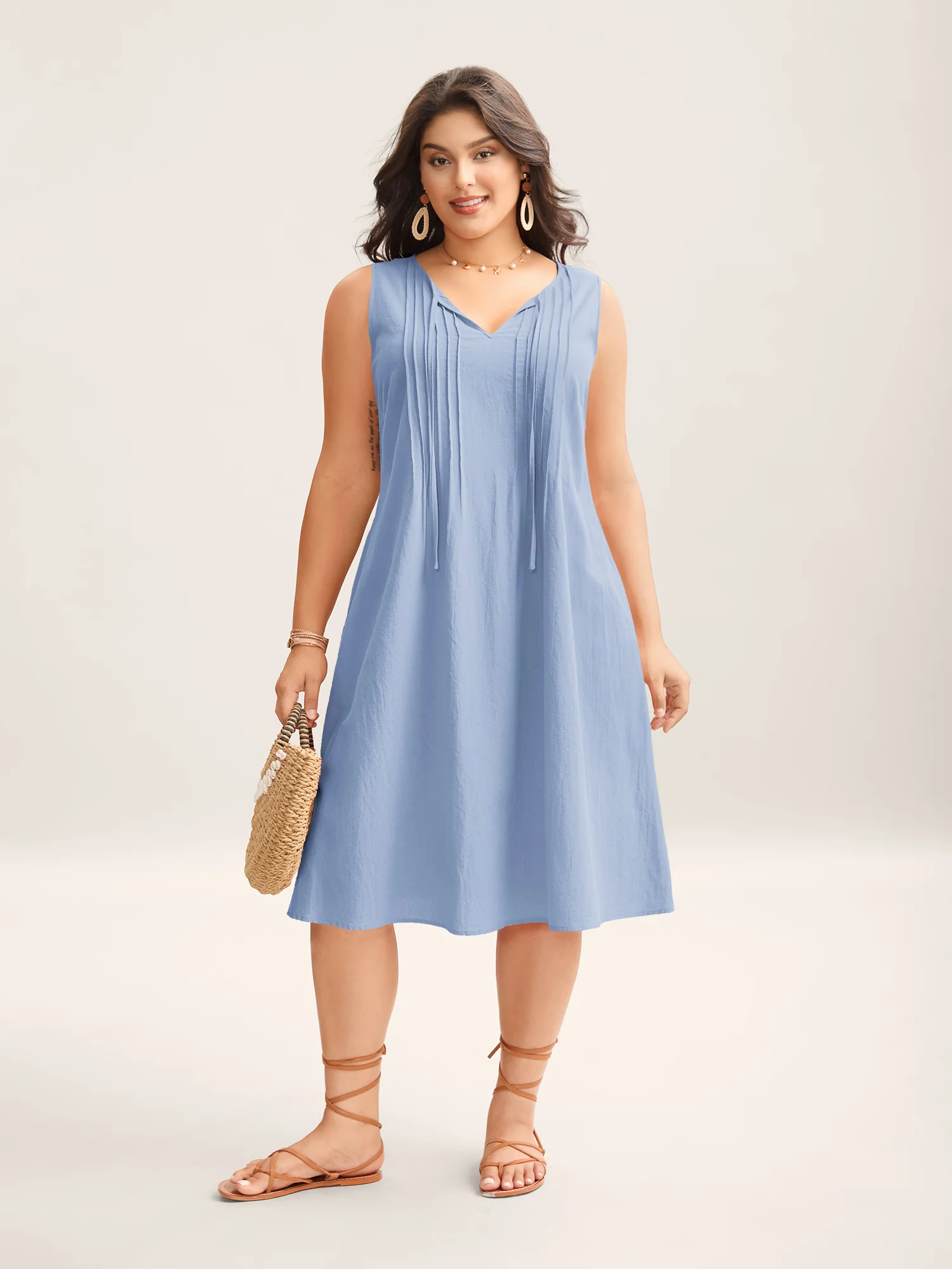 Cotton Toothpick Pleat Plain Midi Dress - Image 28