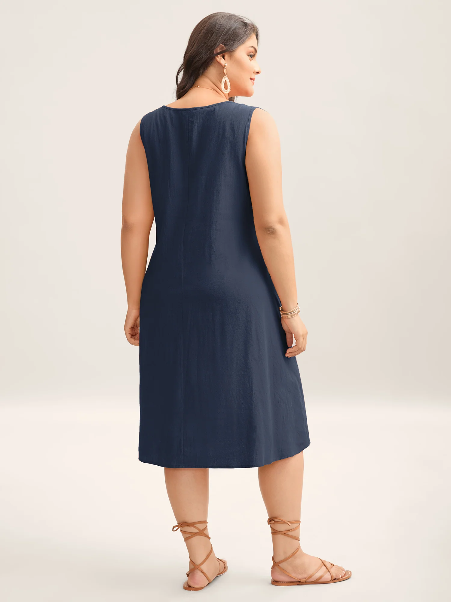 Cotton Toothpick Pleat Plain Midi Dress - Image 4