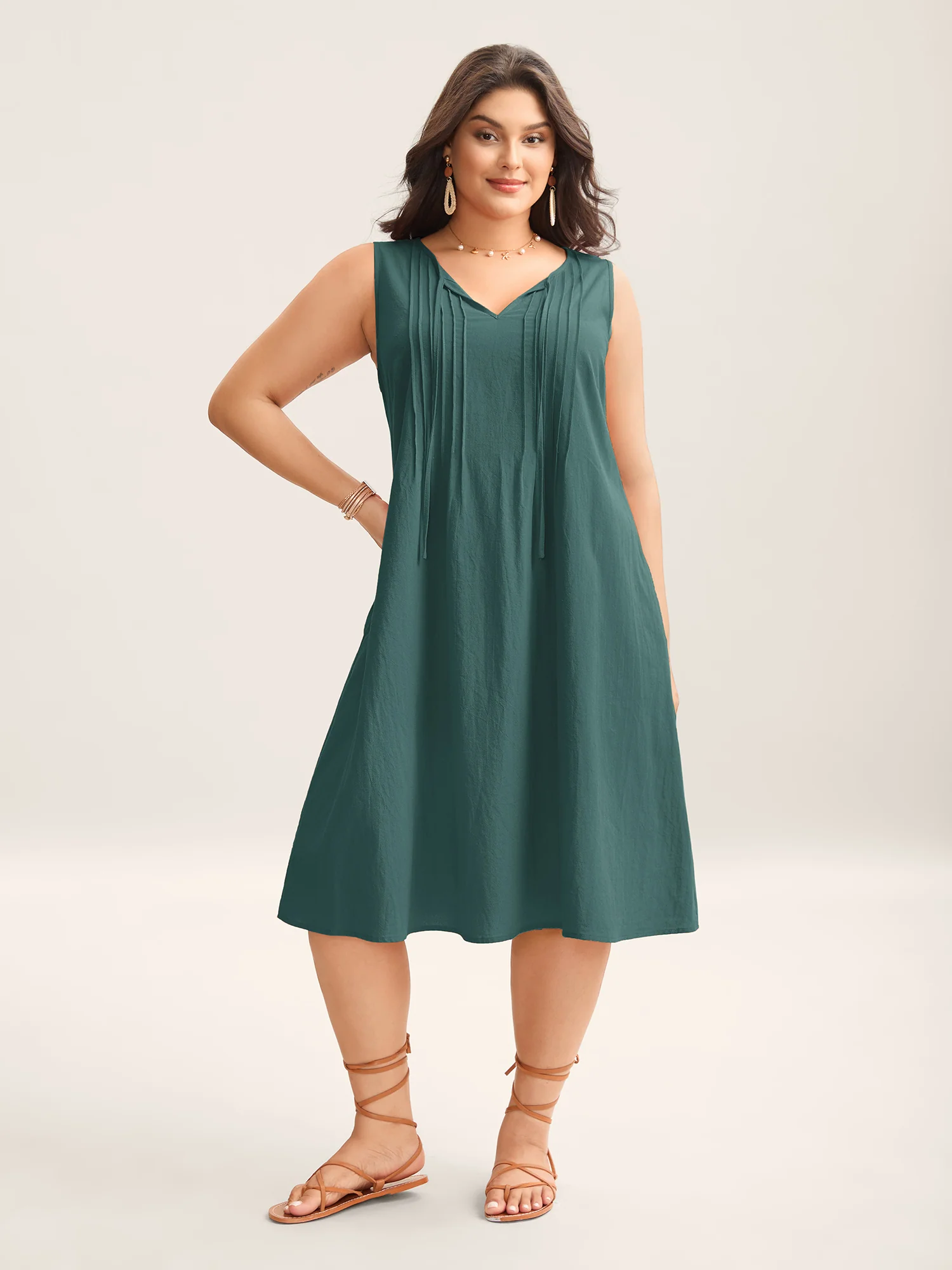 Cotton Toothpick Pleat Plain Midi Dress - Image 7