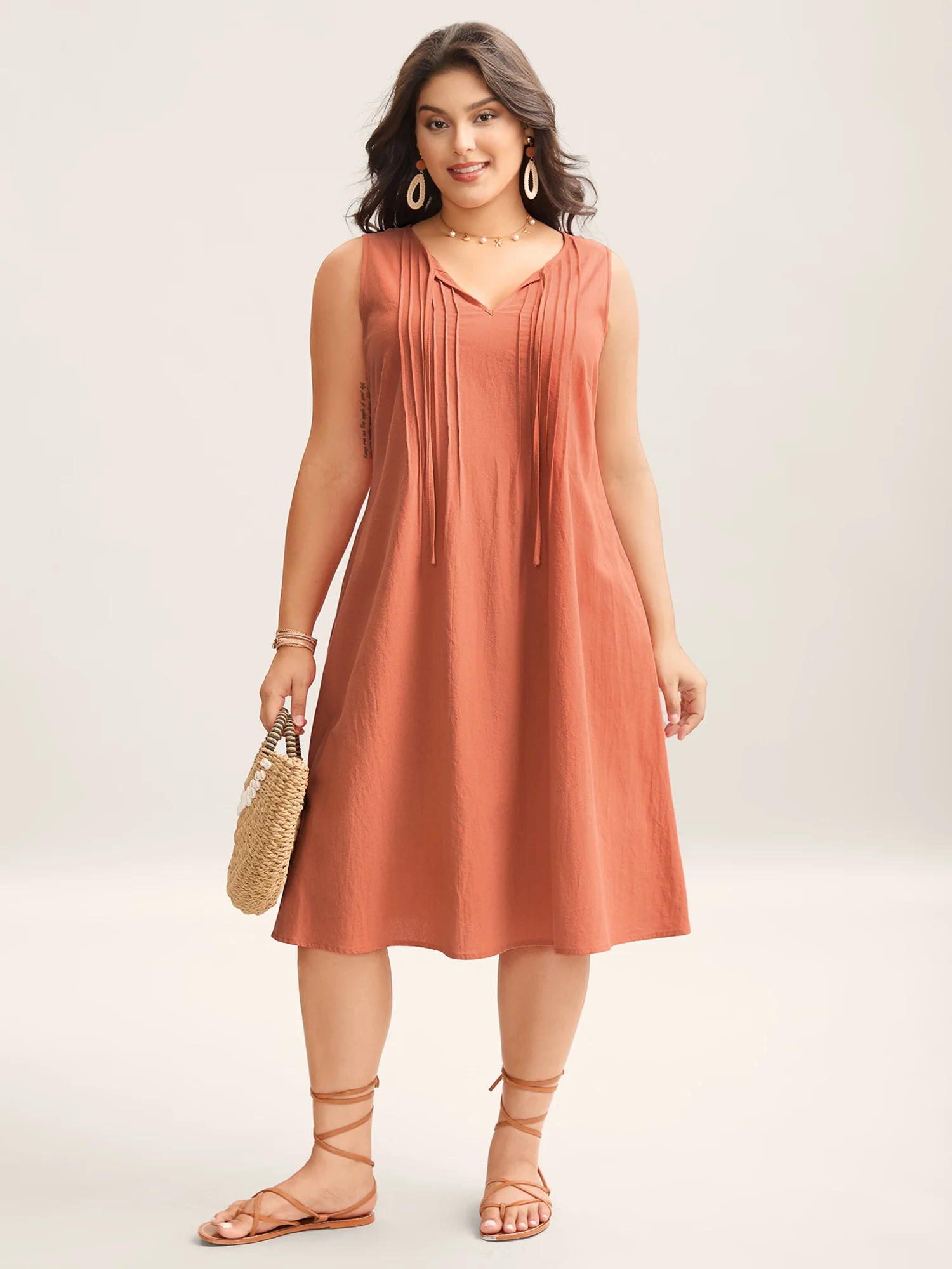 Cotton Toothpick Pleat Plain Midi Dress - Image 9