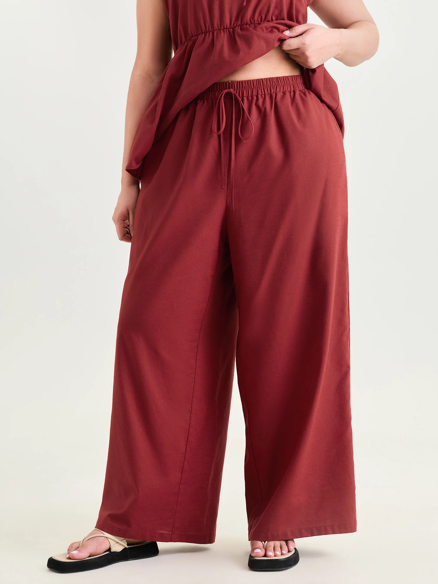 Cotton Linen Drawstring Waist Plain Pants - Image 2