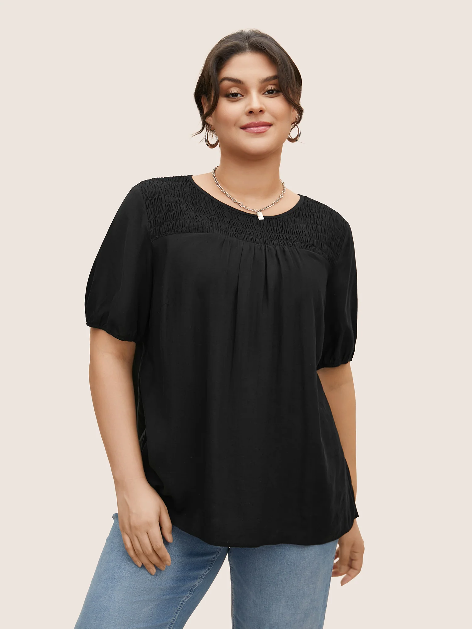 Linen Blend Gathered Shirred Puff Sleeve Blouse - Image 2
