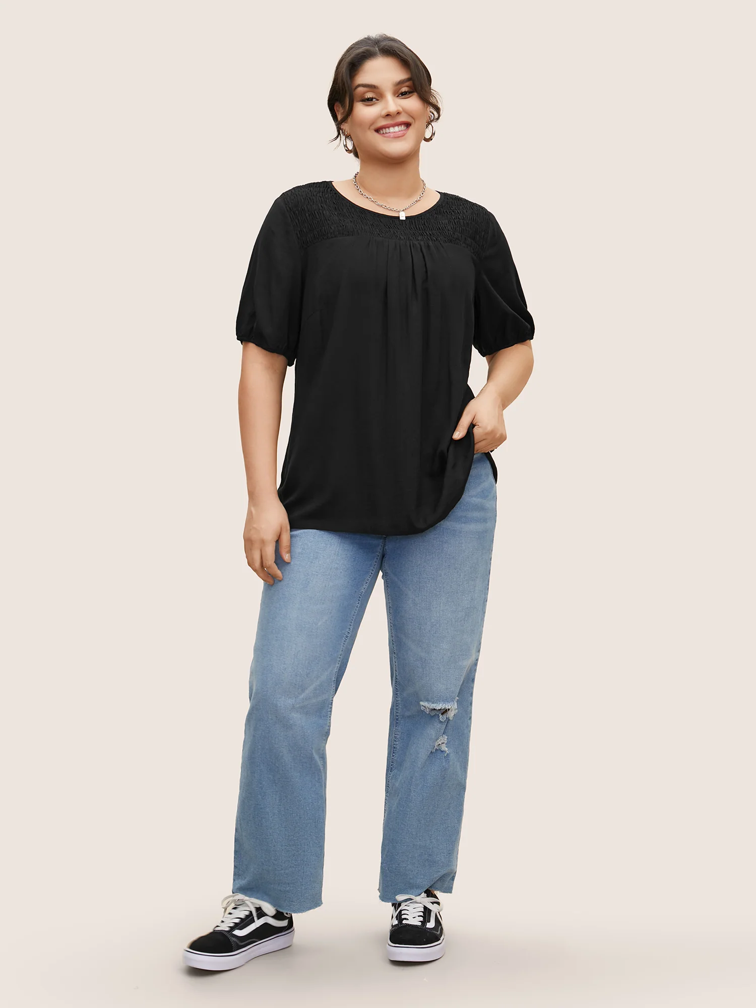 Linen Blend Gathered Shirred Puff Sleeve Blouse - Image 4