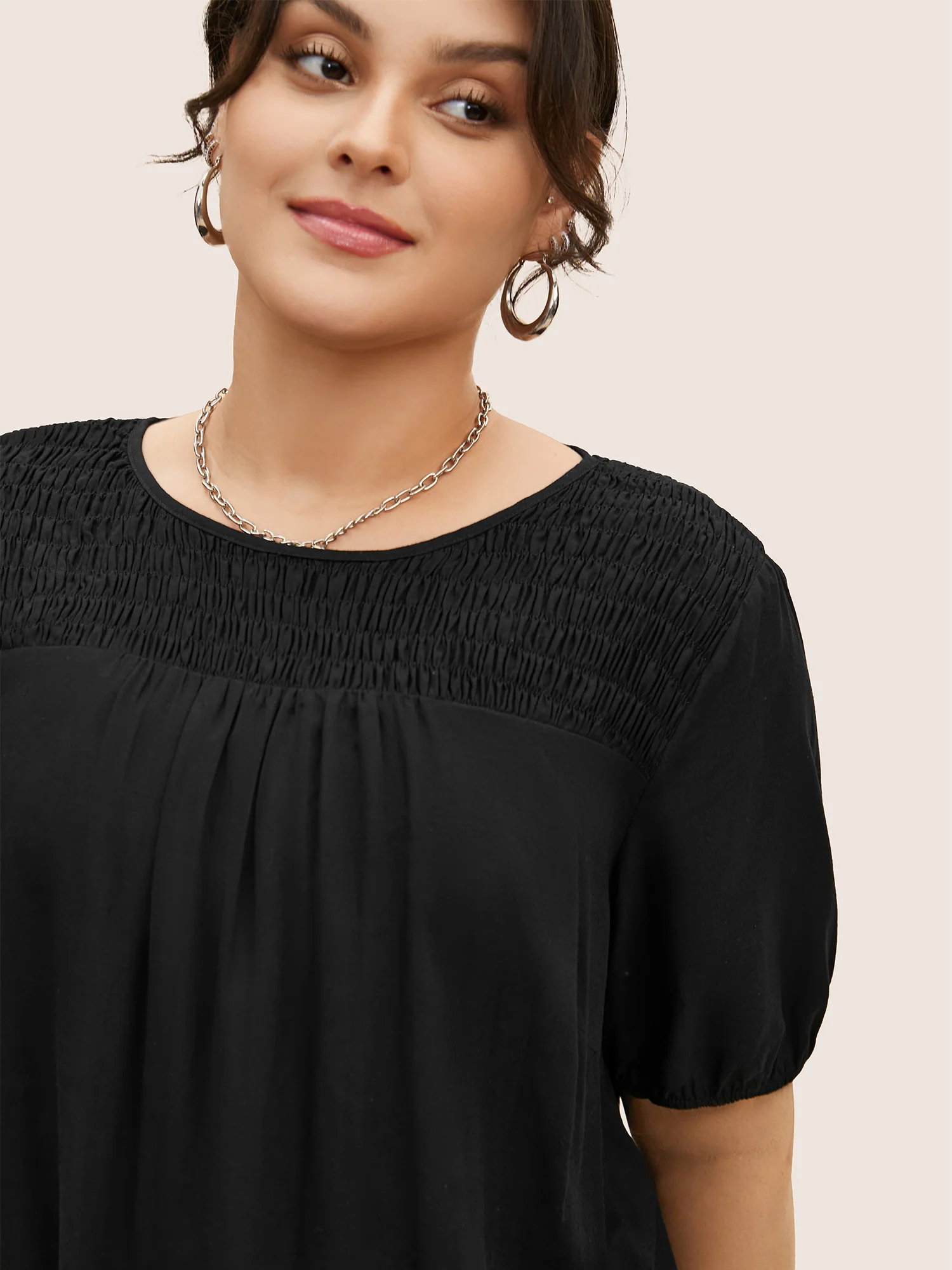 Linen Blend Gathered Shirred Puff Sleeve Blouse - Image 5