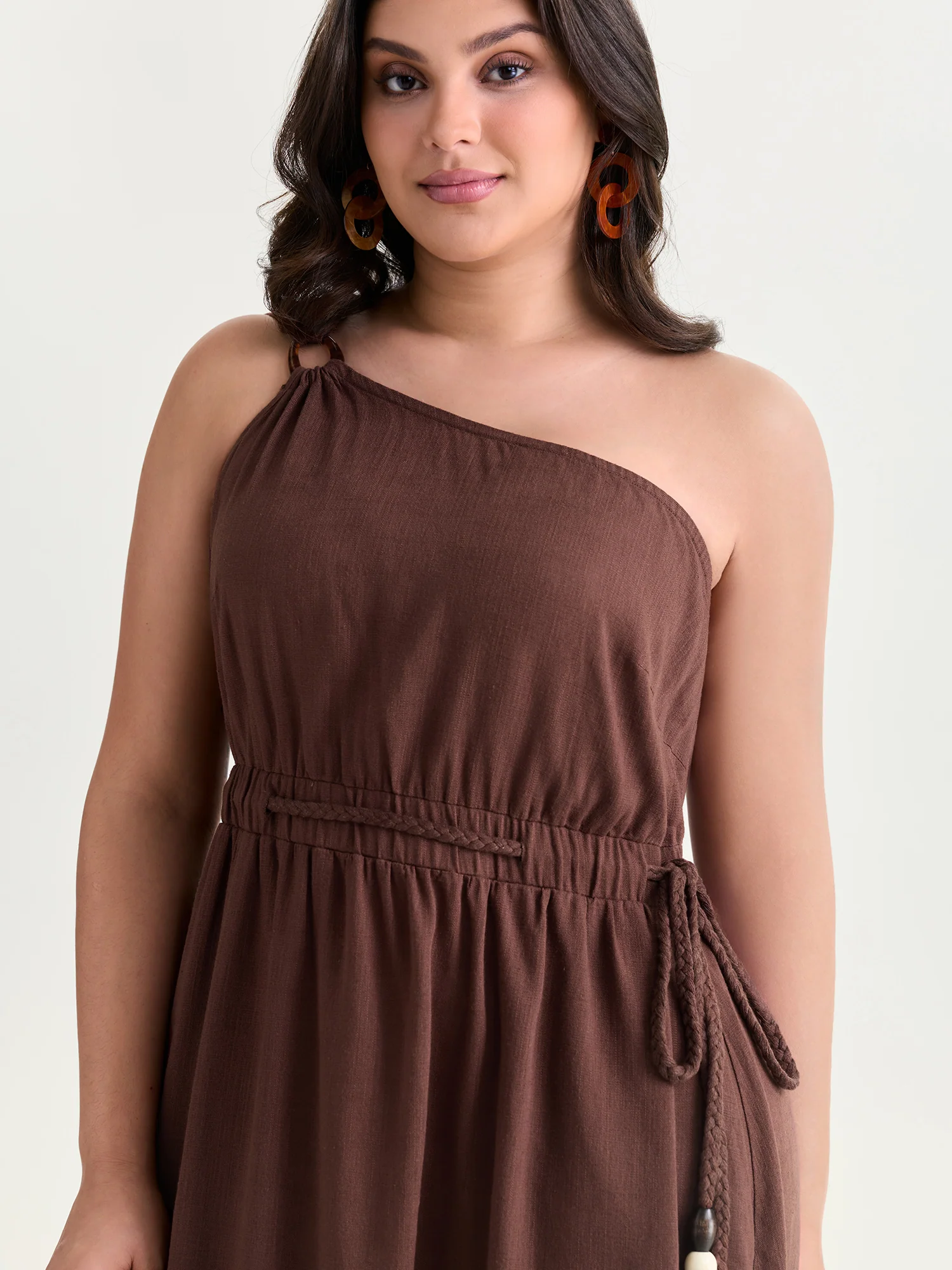 Cotton Linen One-Shoulder Waist-Defining Maxi Dress - Image 2