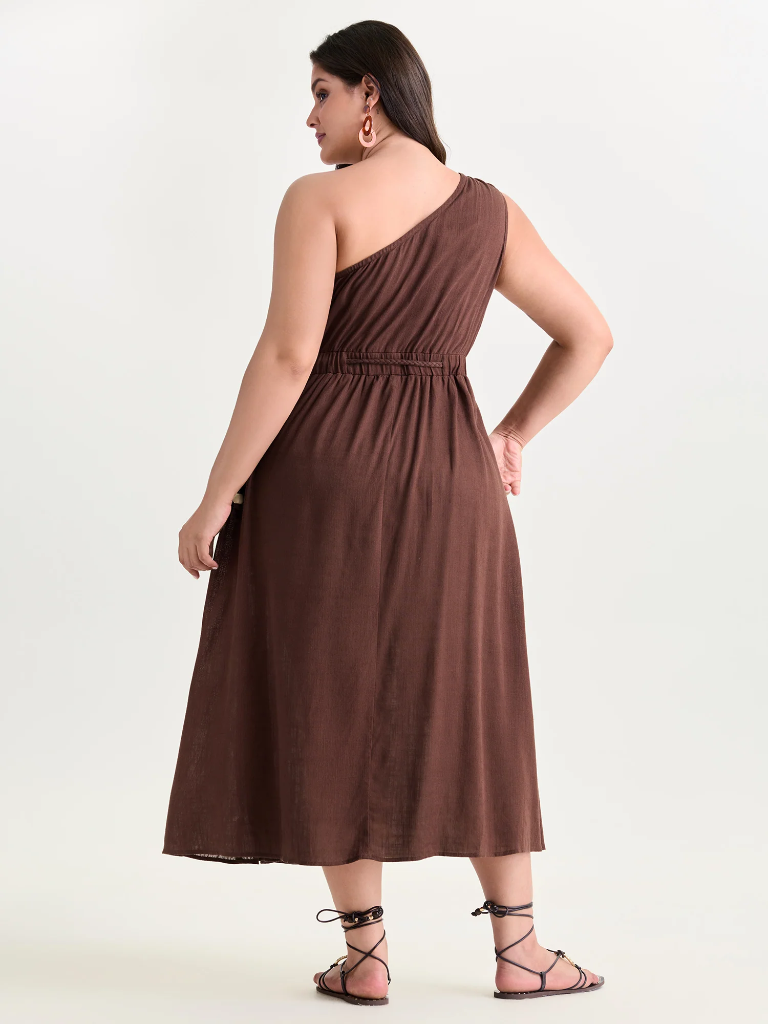 Cotton Linen One-Shoulder Waist-Defining Maxi Dress - Image 4