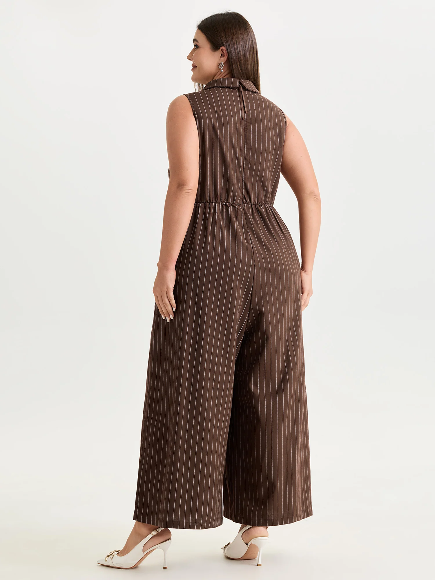 Cotton Linen Striped Print Waist-Tie Collar Jumpsuit - Image 4