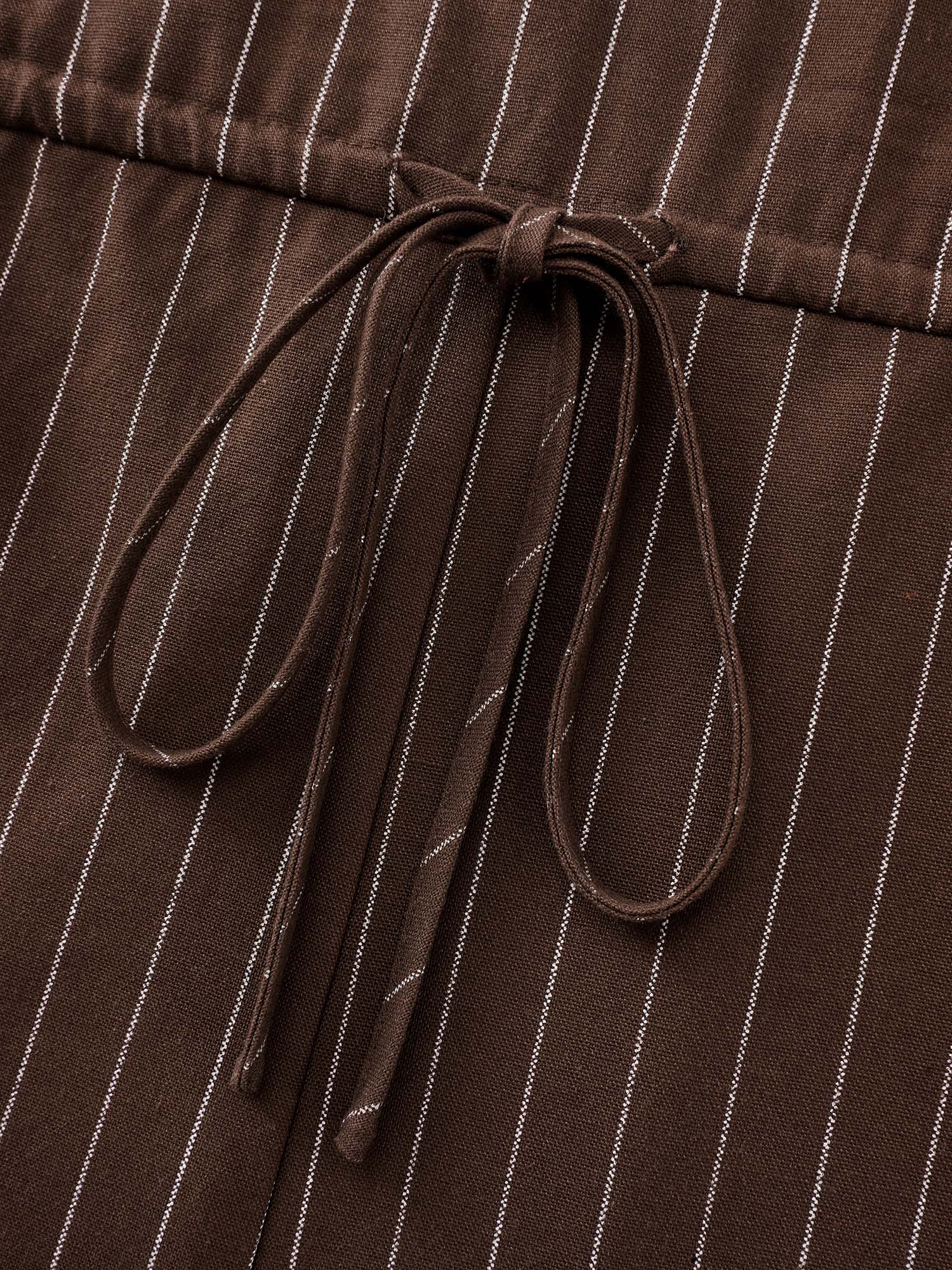 Cotton Linen Striped Print Waist-Tie Collar Jumpsuit - Image 6