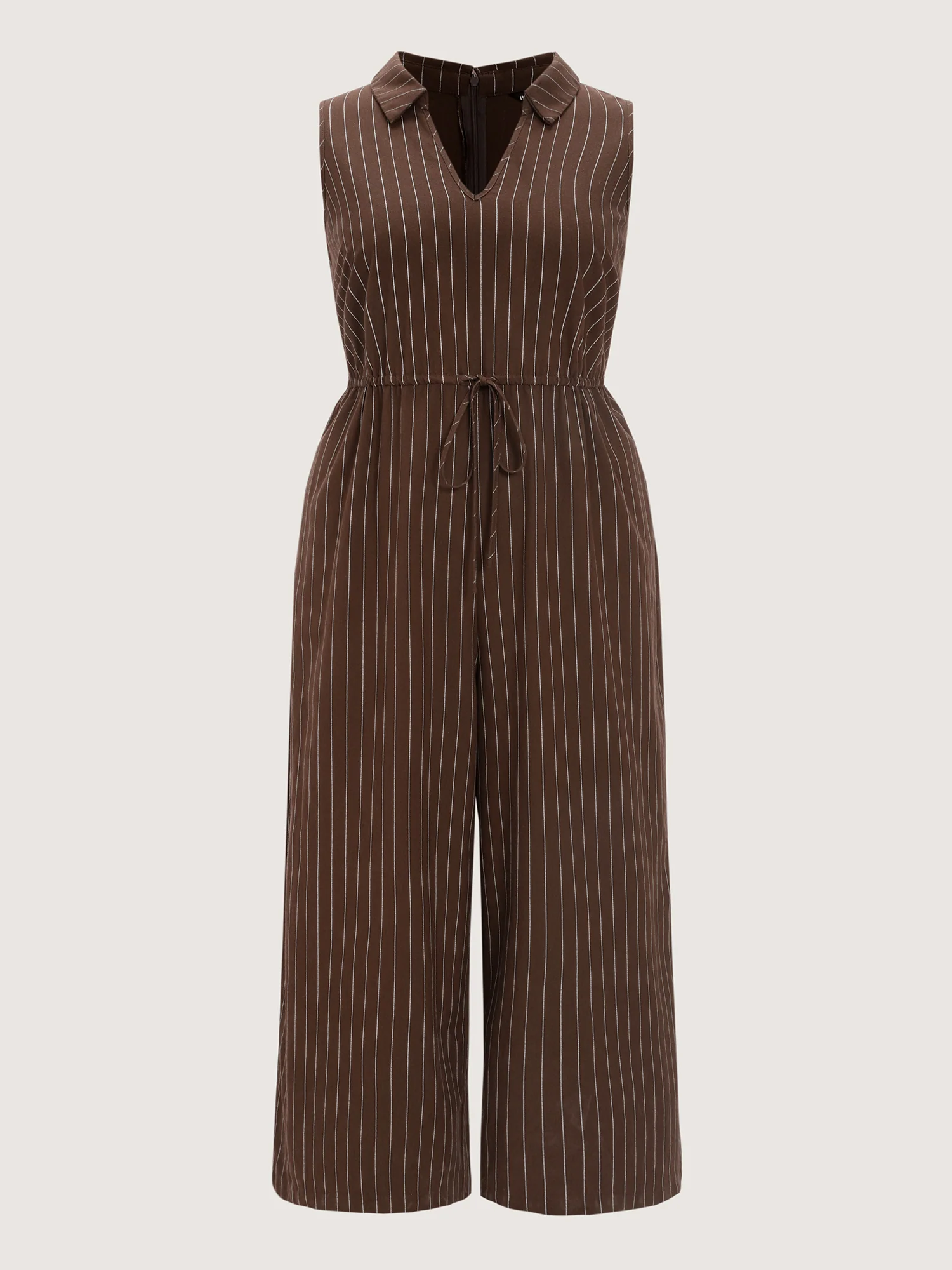 Cotton Linen Striped Print Waist-Tie Collar Jumpsuit - Image 7