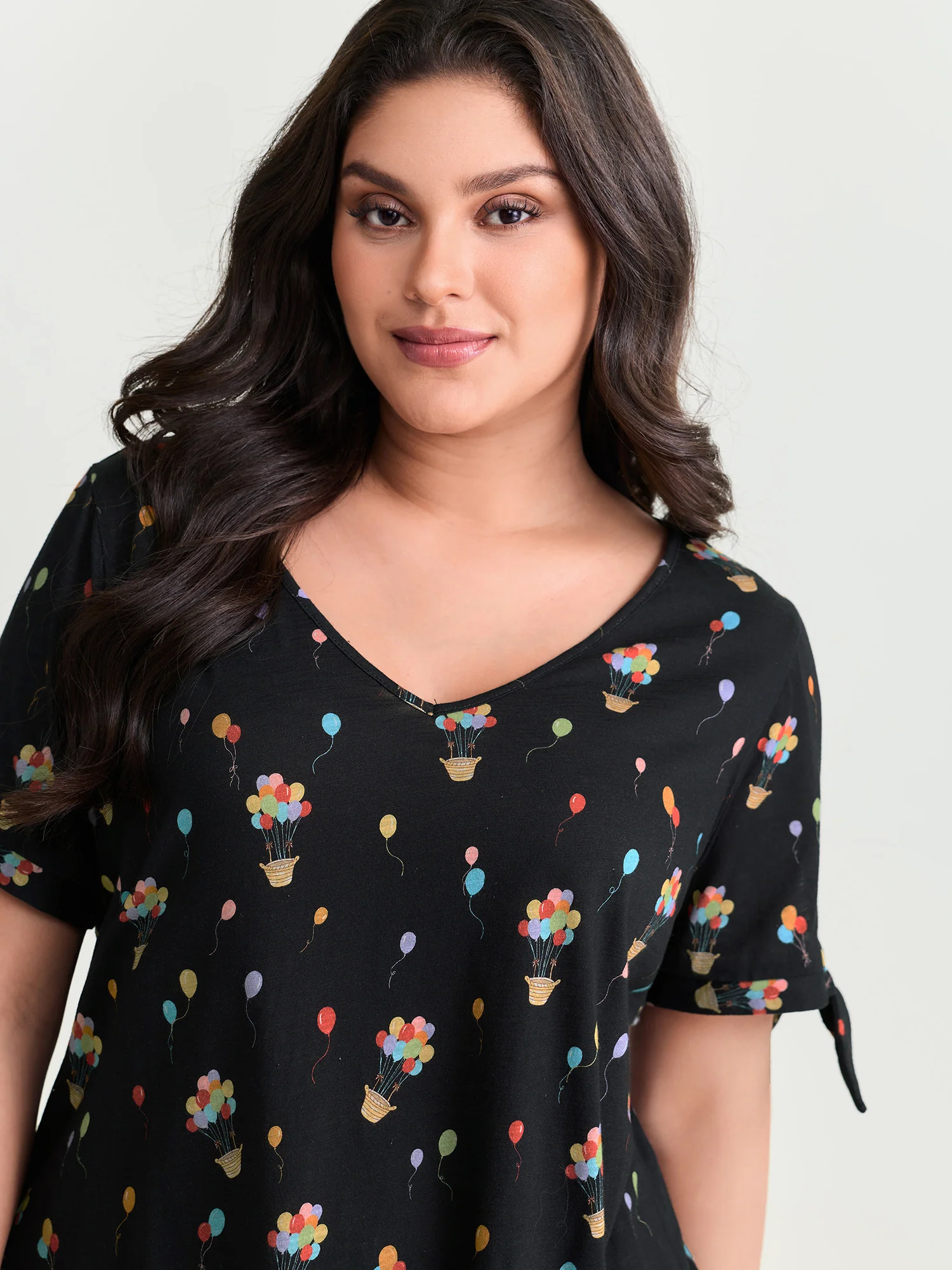 Cotton Multi-Color Balloons Print Sleeve-Tie T-Shirt - Image 2