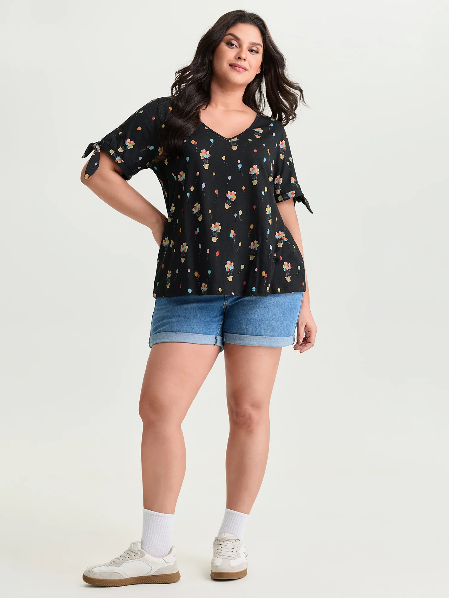 Cotton Multi-Color Balloons Print Sleeve-Tie T-Shirt - Image 3