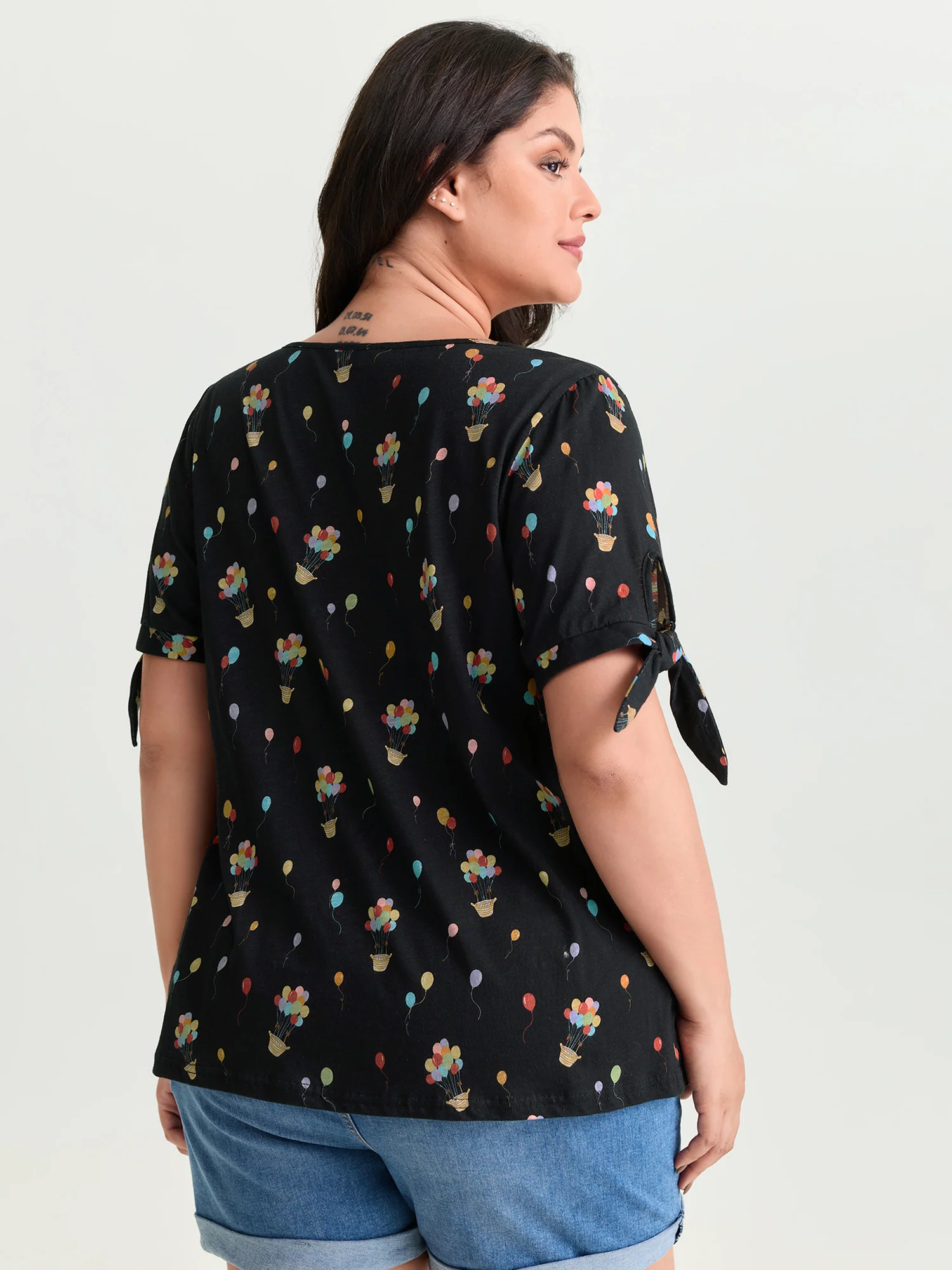 Cotton Multi-Color Balloons Print Sleeve-Tie T-Shirt - Image 4