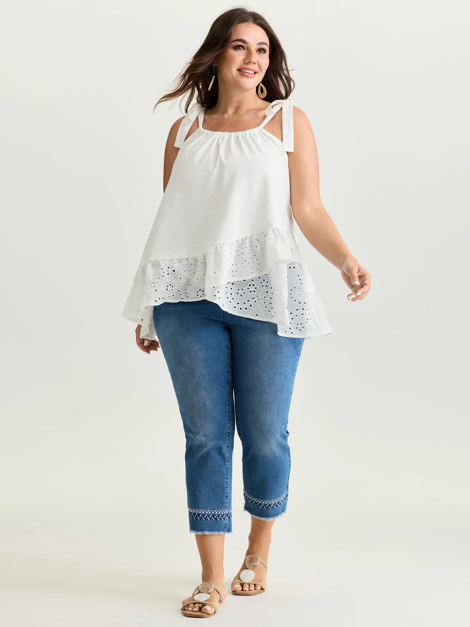 Cotton Overlap Ruffled Hem Shoulder-Tie Tank Top - Image 3