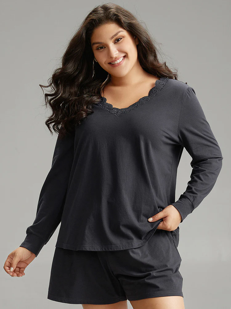Cotton Lace V-Neckline Relaxed-Fit Pajama Top - Image 3