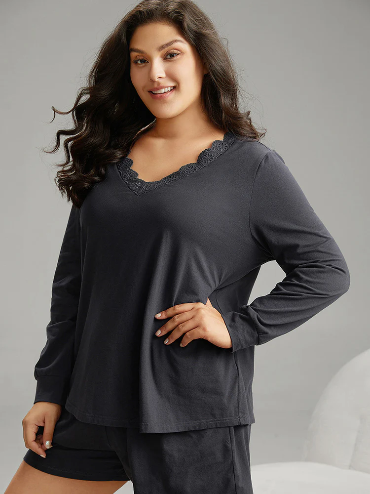 Cotton Lace V-Neckline Relaxed-Fit Pajama Top - Image 4