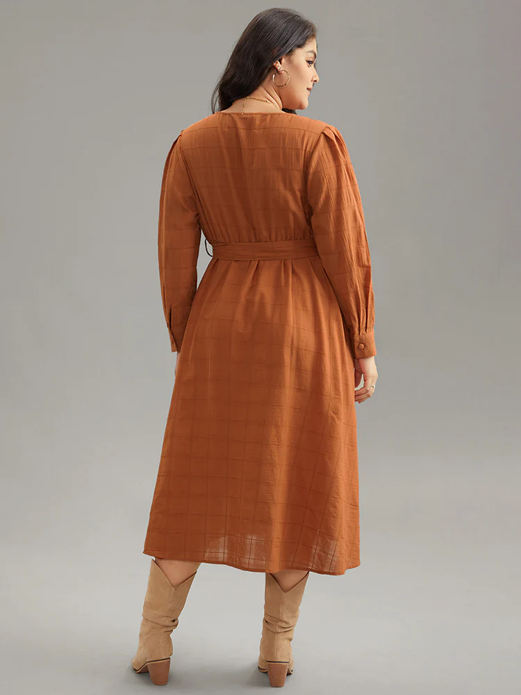 Cotton Plain Textured Pleated Button Detail Belted Dress - Image 2