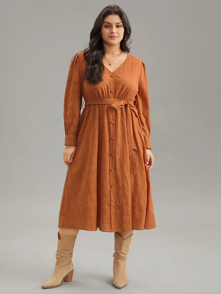 Cotton Plain Textured Pleated Button Detail Belted Dress - Image 3