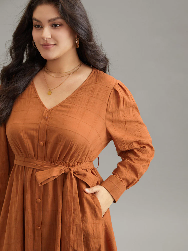 Cotton Plain Textured Pleated Button Detail Belted Dress - Image 4