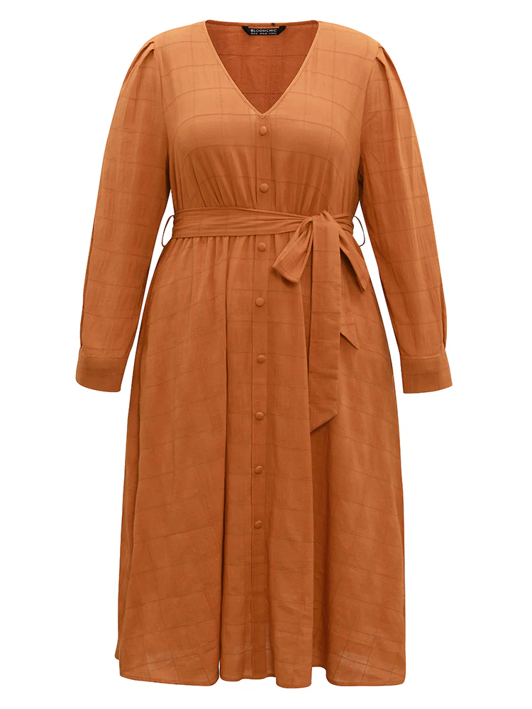 Cotton Plain Textured Pleated Button Detail Belted Dress - Image 5