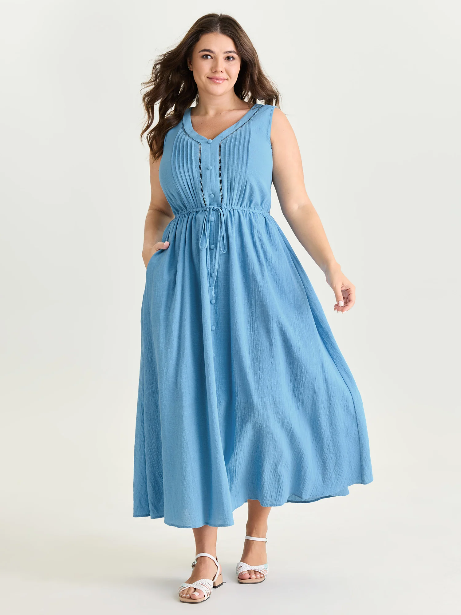 Cotton Pleated Bodice Button Detail Maxi Dress - Image 3