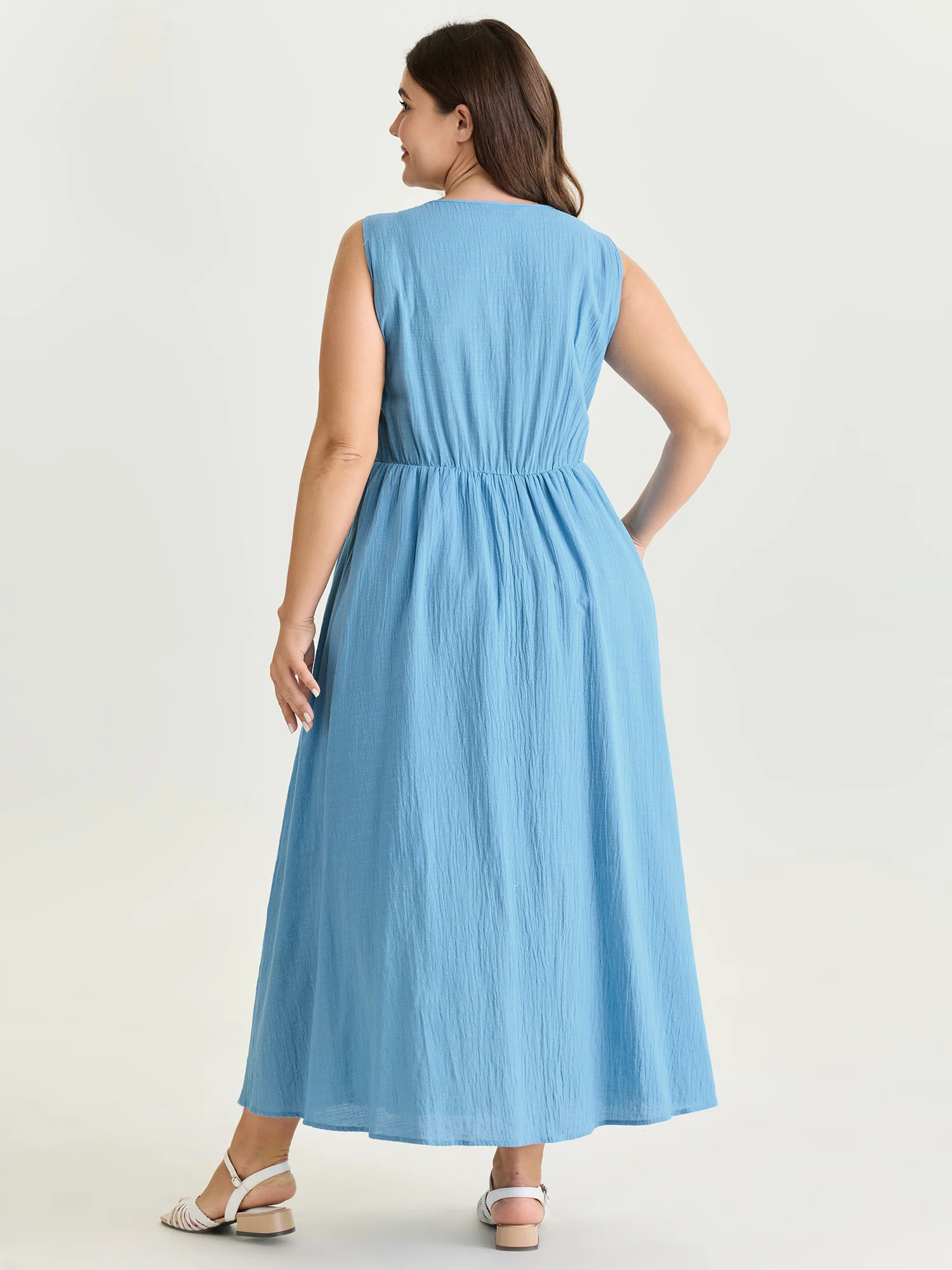 Cotton Pleated Bodice Button Detail Maxi Dress - Image 4