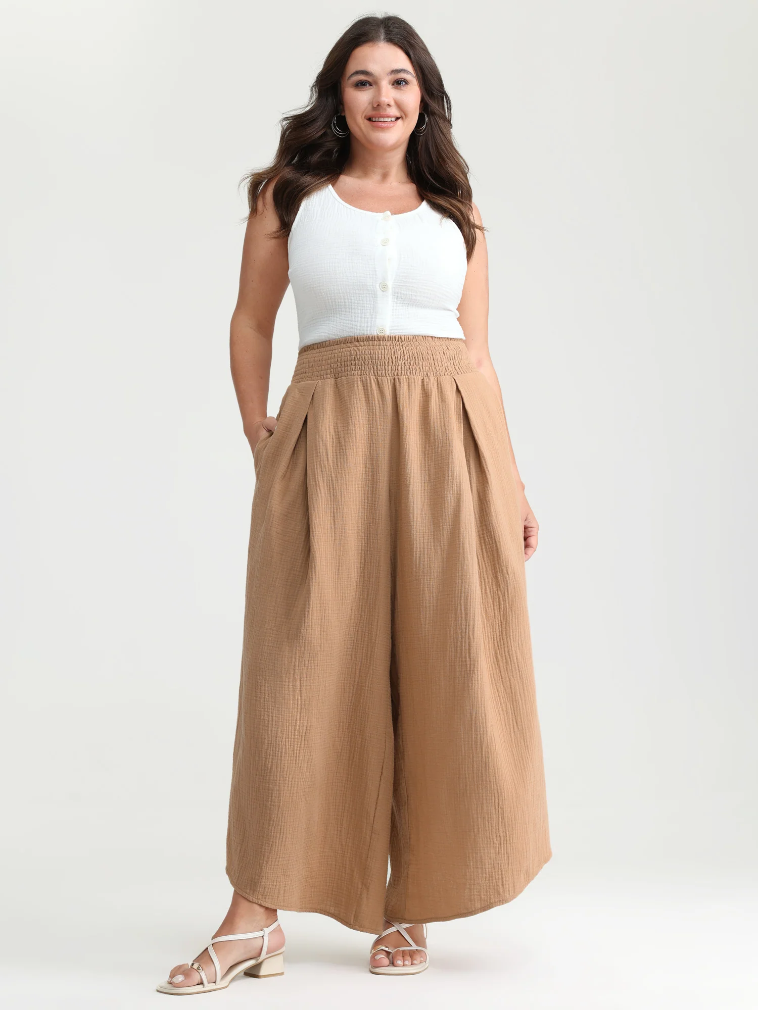 Cotton Pleated Shirred Waist Pants