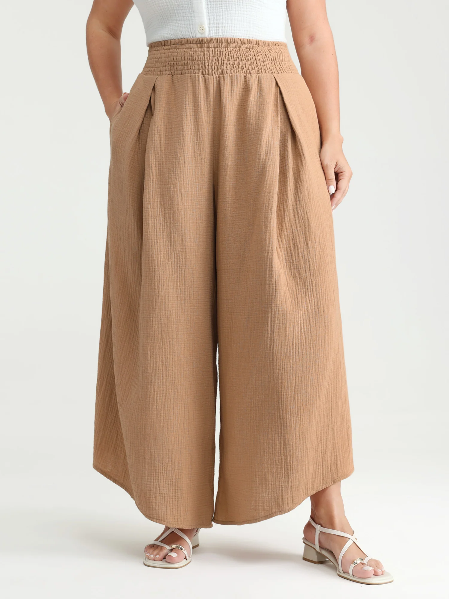 Cotton Pleated Shirred Waist Pants - Image 2