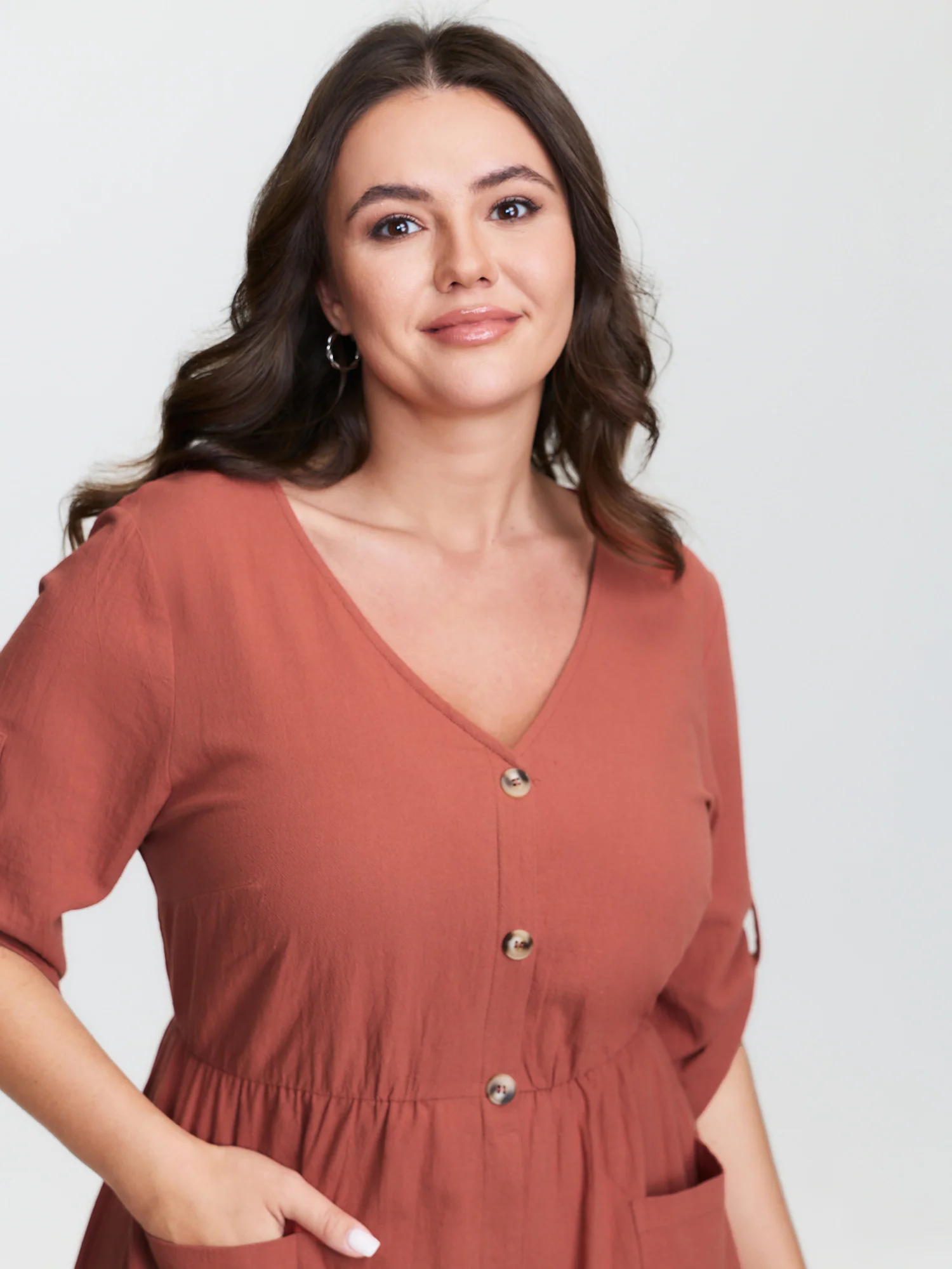 Cotton Pockets Button Detail Midi Dress - Image 2