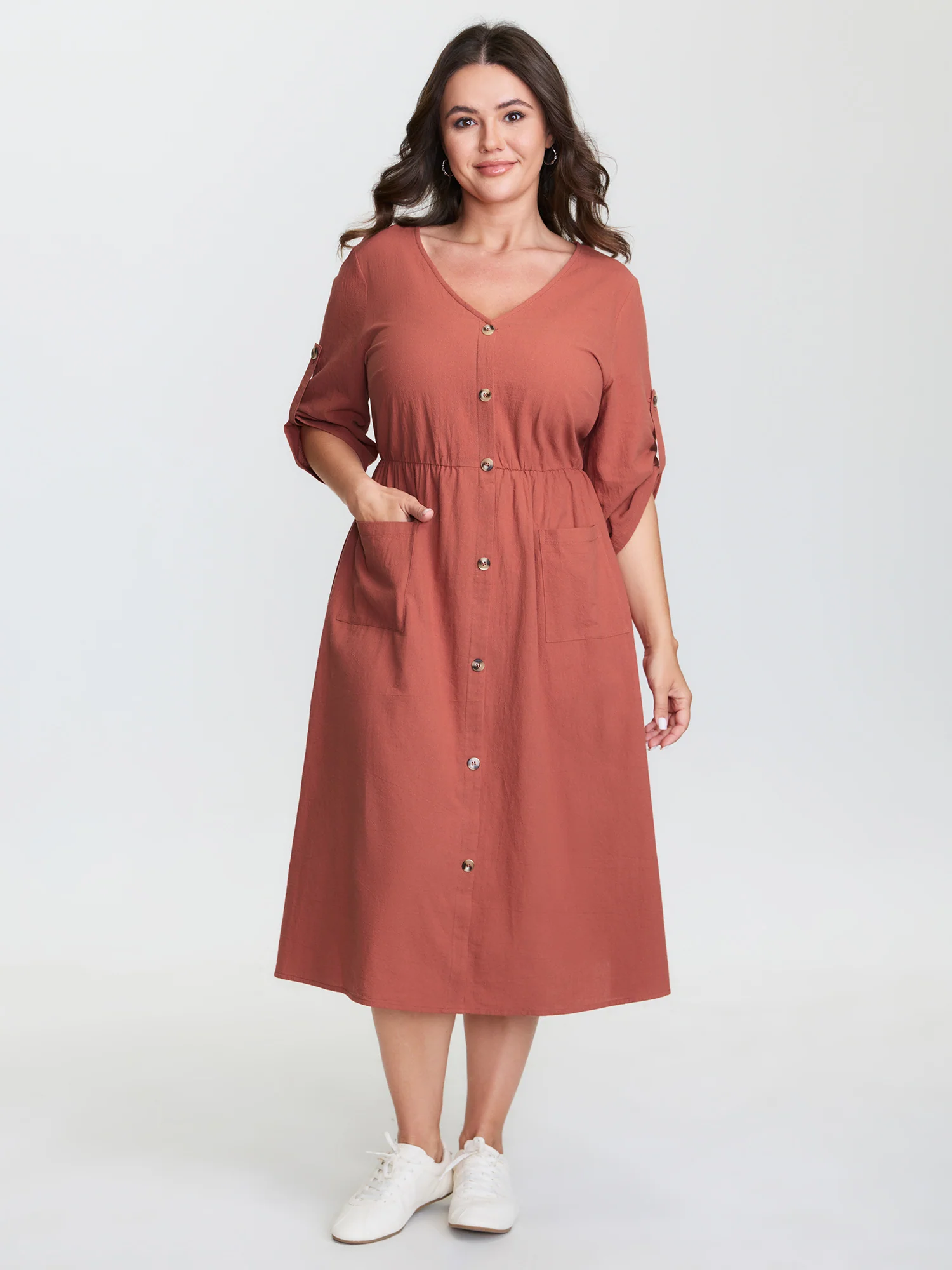 Cotton Pockets Button Detail Midi Dress - Image 3