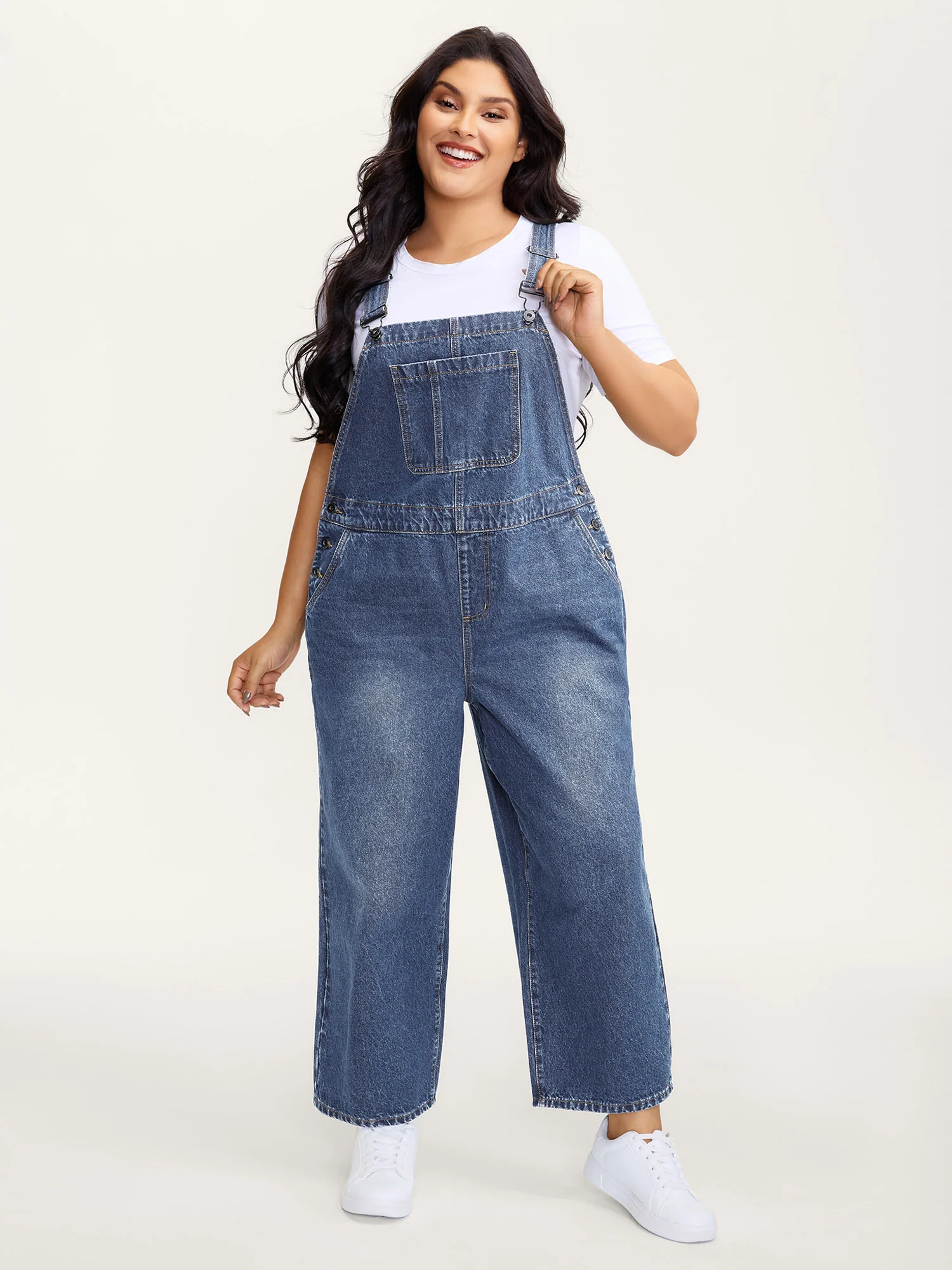 Cotton Relaxed-Fit Side Button Overall Denim Jumpsuit - Image 10
