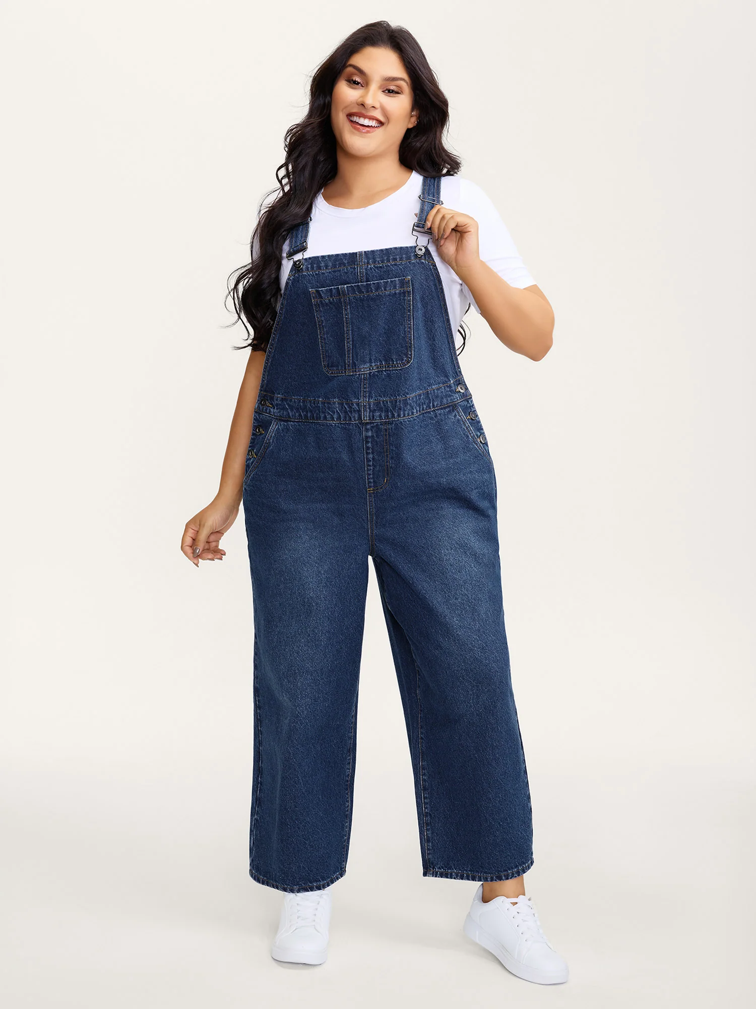 Cotton Relaxed-Fit Side Button Overall Denim Jumpsuit - Image 3
