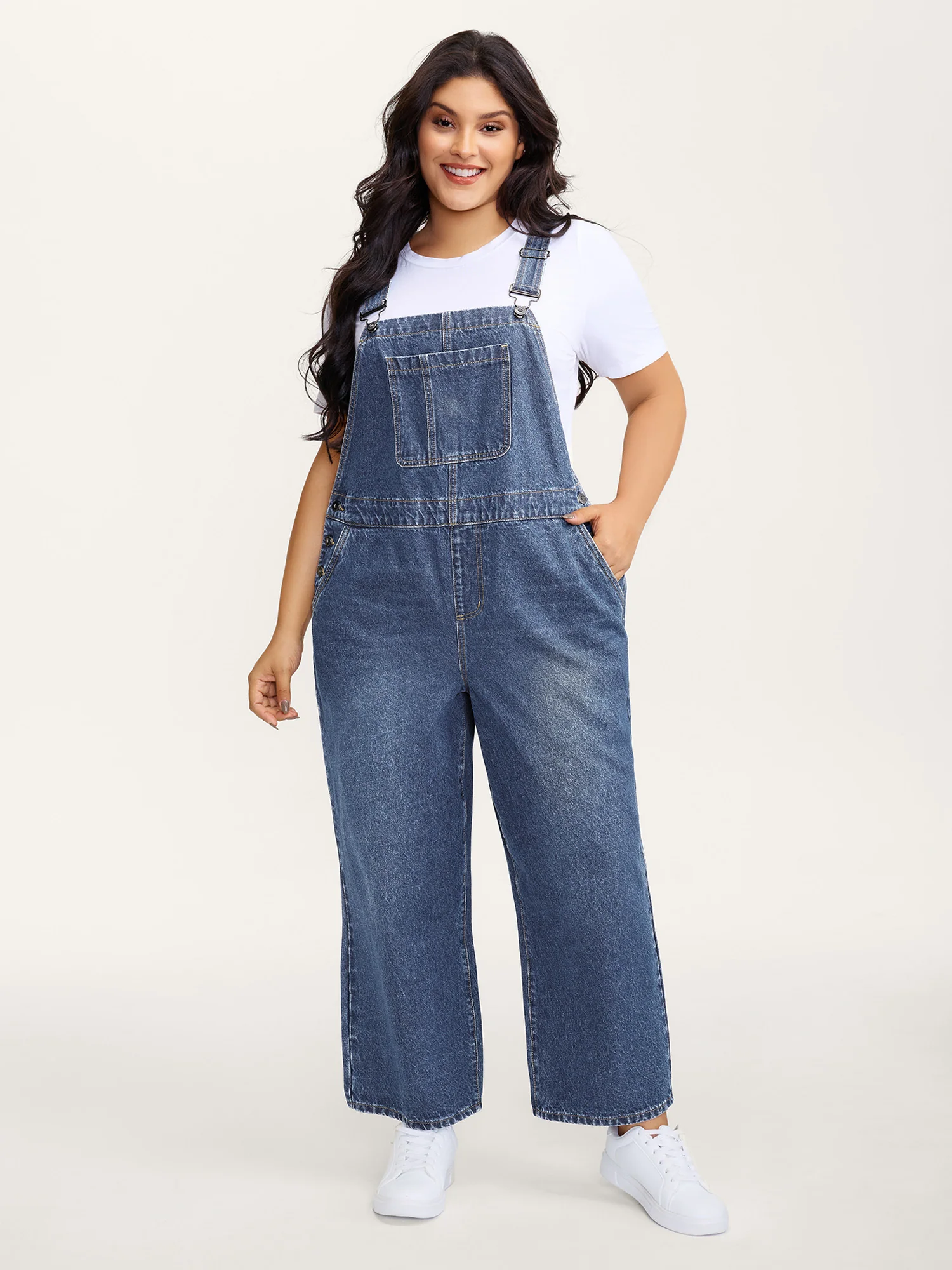 Cotton Relaxed-Fit Side Button Overall Denim Jumpsuit - Image 8