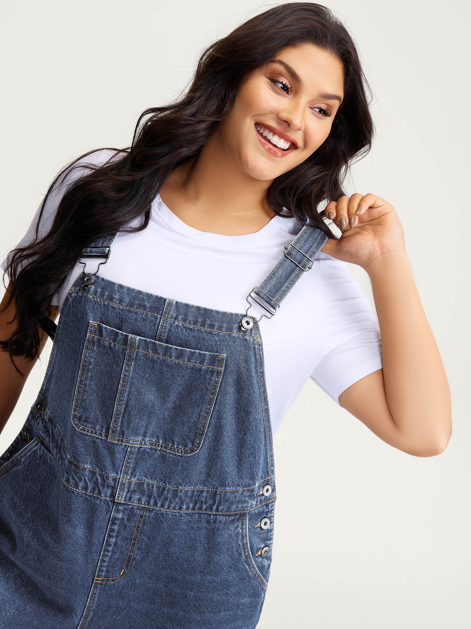 Cotton Relaxed-Fit Side Button Overall Denim Jumpsuit - Image 9