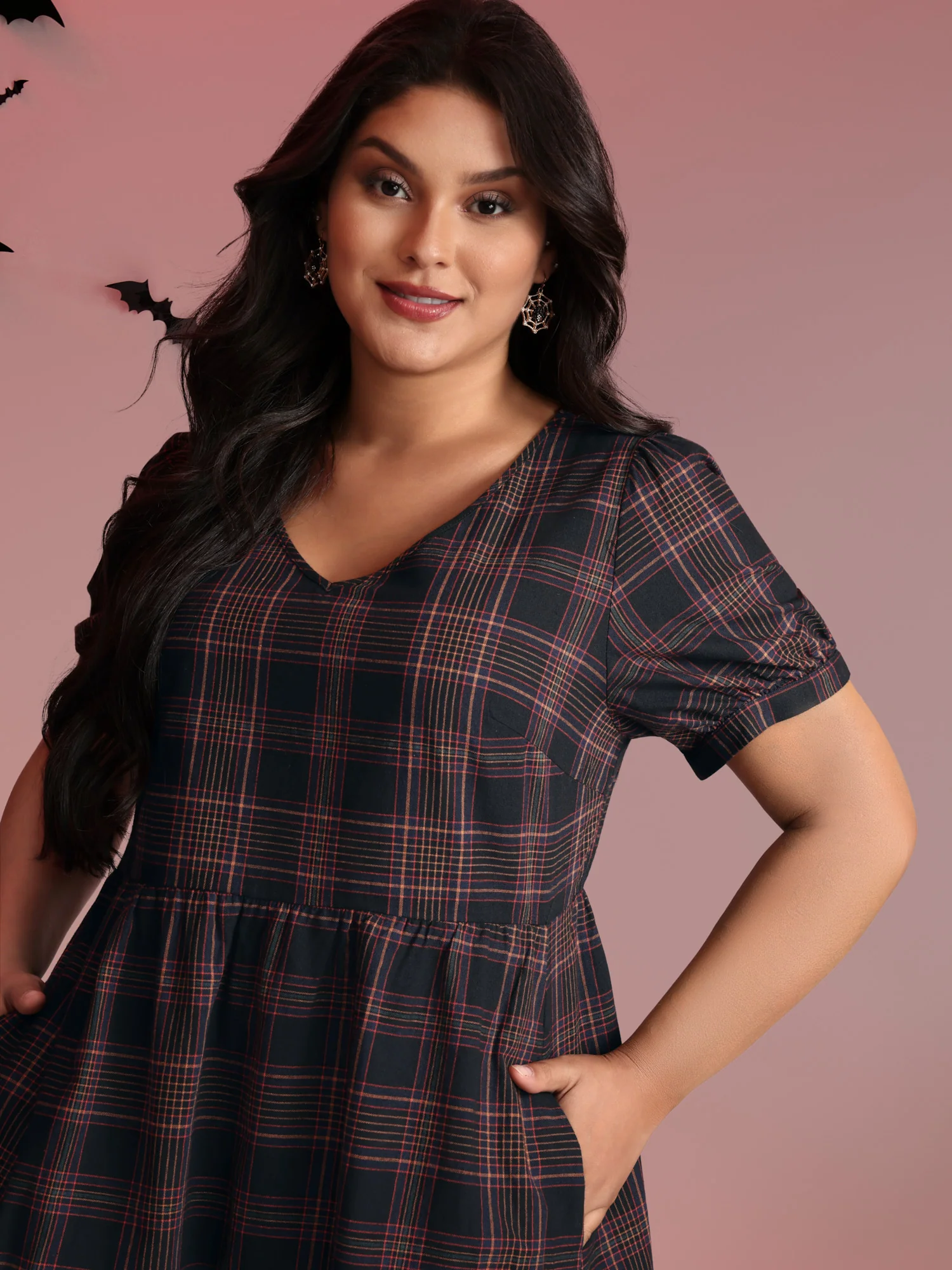 Cotton Retro Plaid Print Tiered Stretchy Mini Dress - Image 2