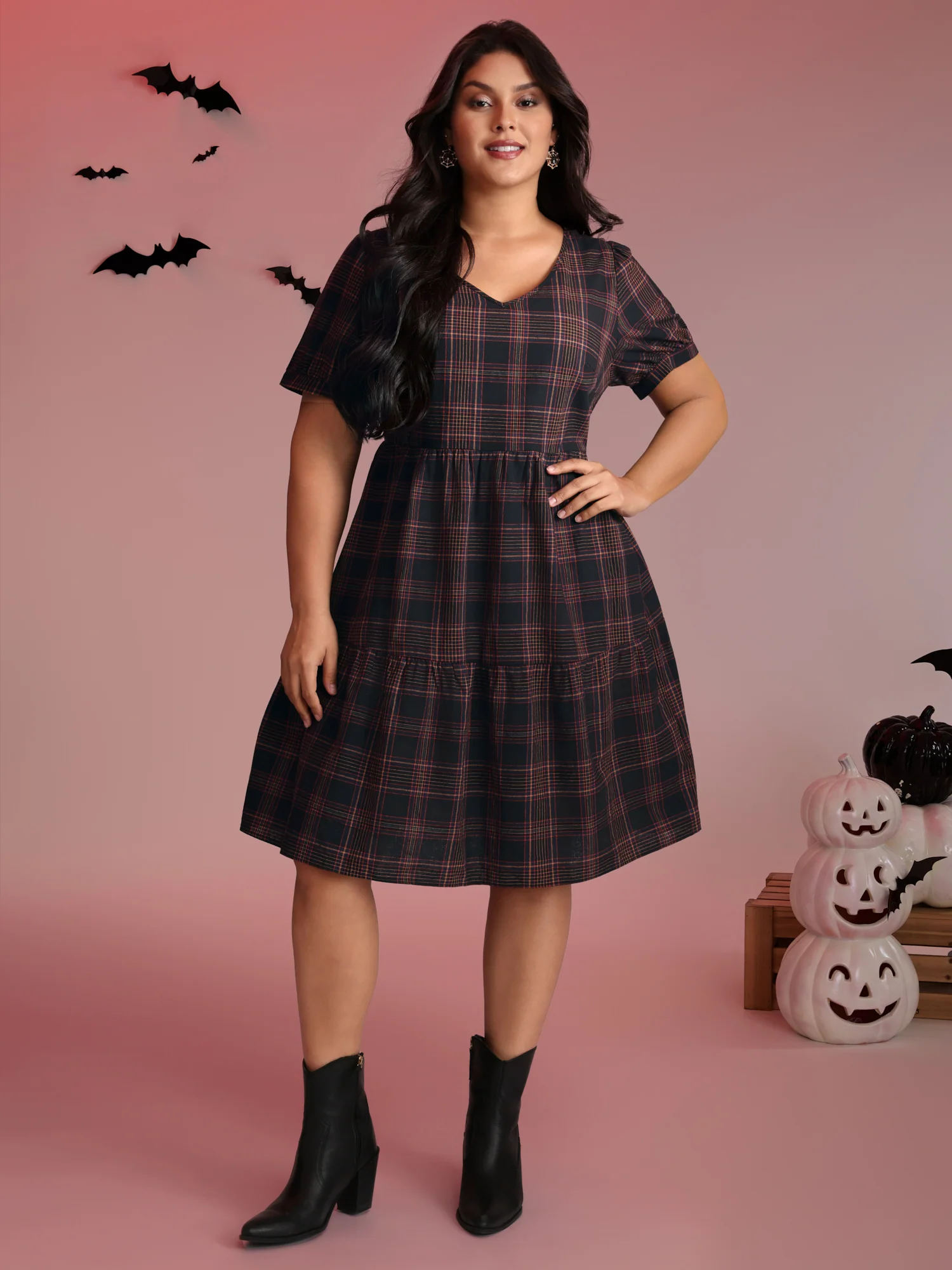 Cotton Retro Plaid Print Tiered Stretchy Mini Dress - Image 3